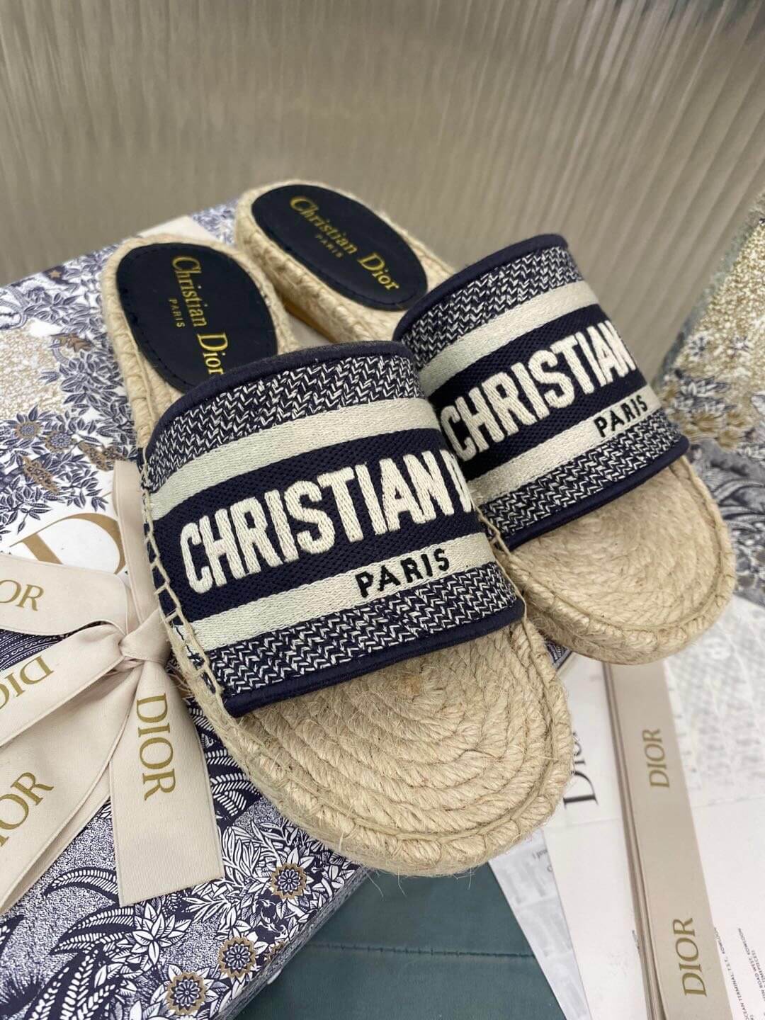 Christian Dior Canvas Embroidered Granville Espadrille Flat Slide Sandals Black and White