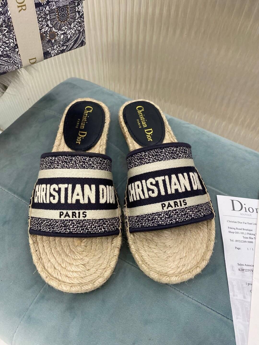 Christian Dior Canvas Embroidered Granville Espadrille Flat Slide Sandals Black and White