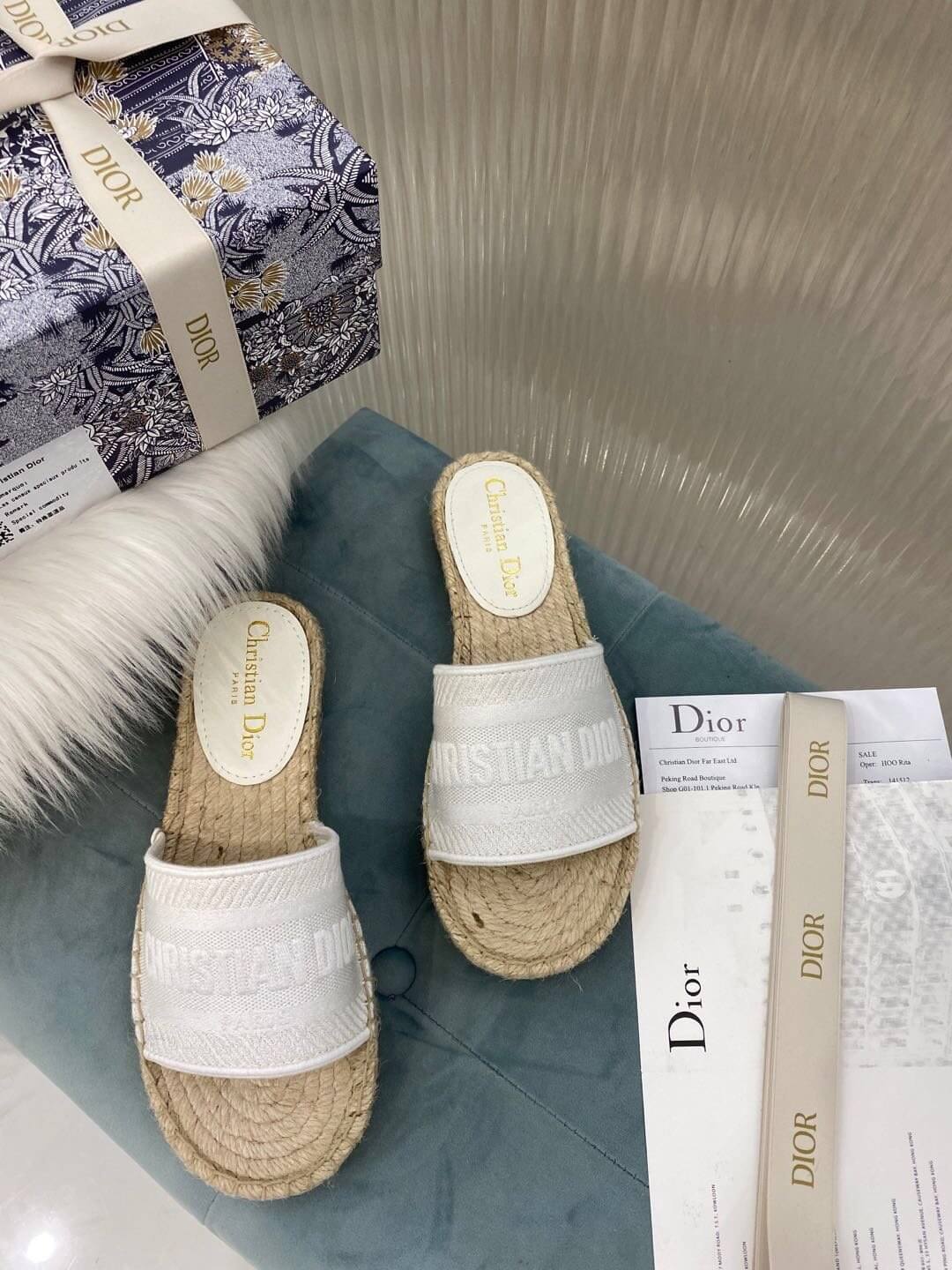 Christian Dior Canvas Embroidered Granville Espadrille Flat Slide Sandals Grey