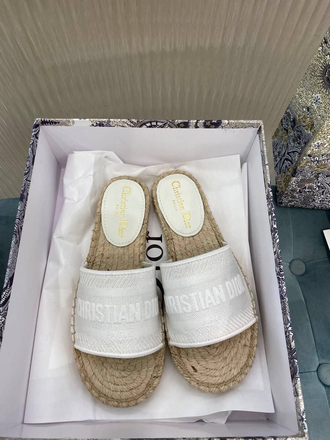 Christian Dior Canvas Embroidered Granville Espadrille Flat Slide Sandals Grey