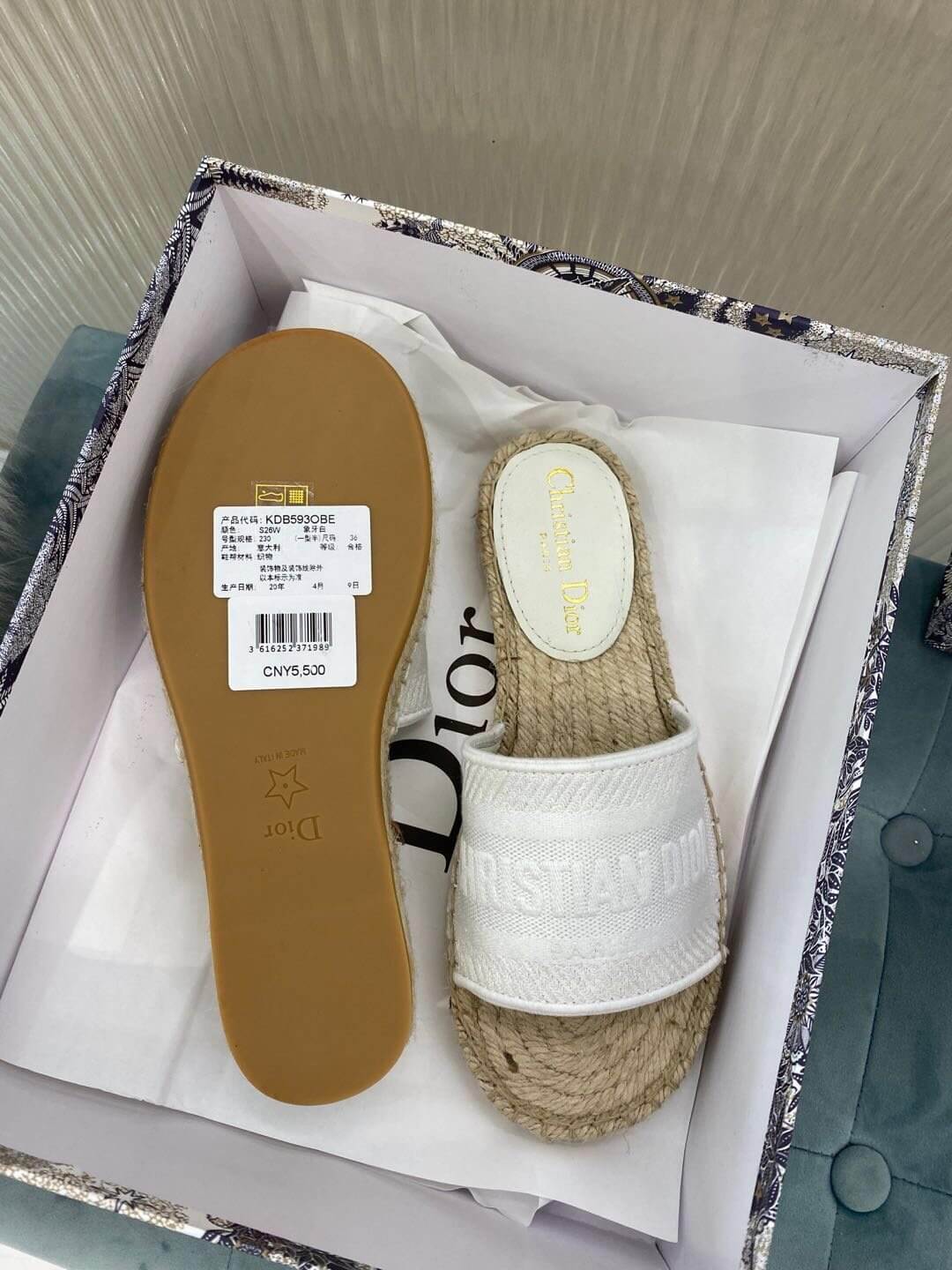 Christian Dior Canvas Embroidered Granville Espadrille Flat Slide Sandals Grey