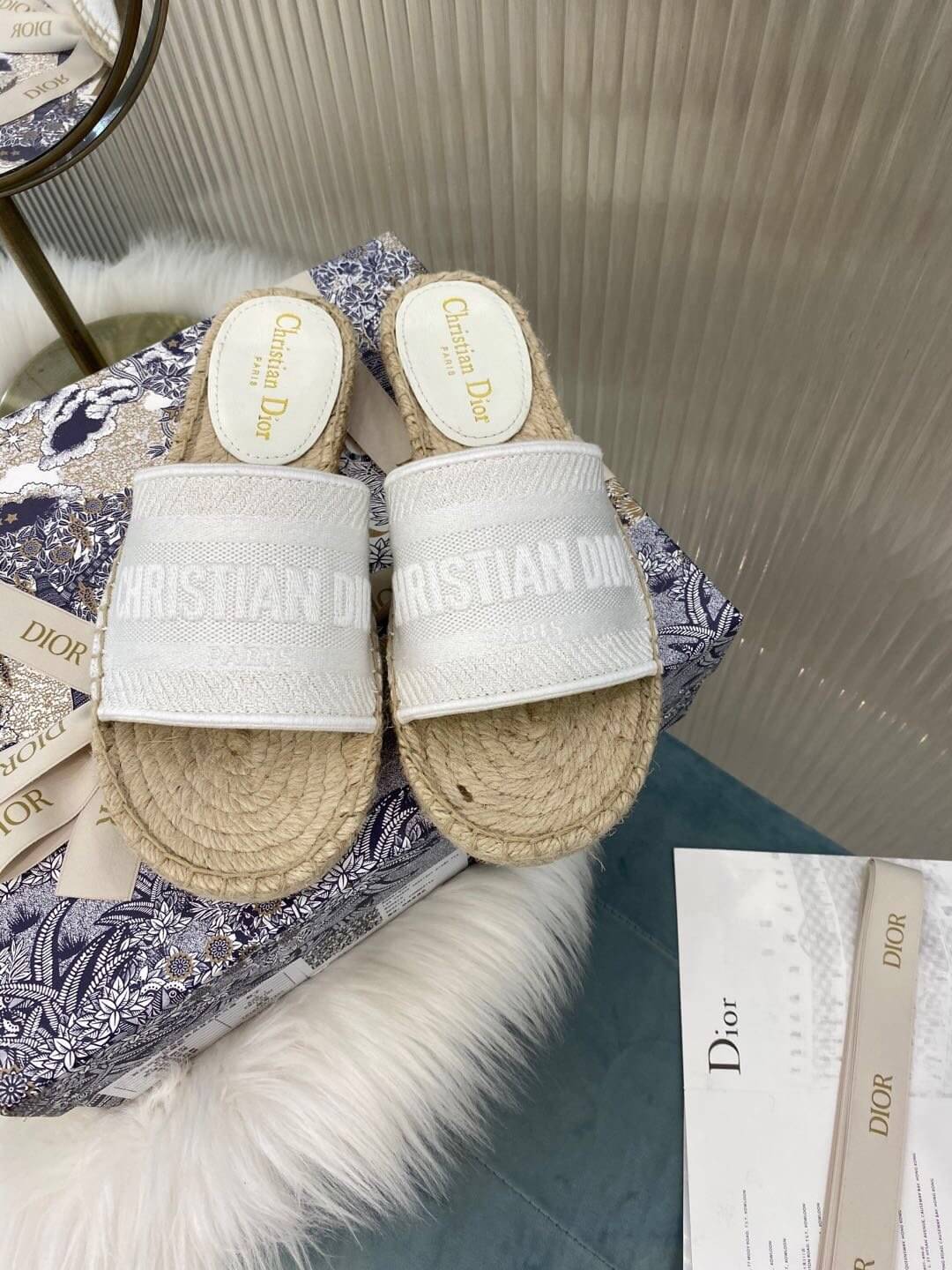 Christian Dior Canvas Embroidered Granville Espadrille Flat Slide Sandals Grey