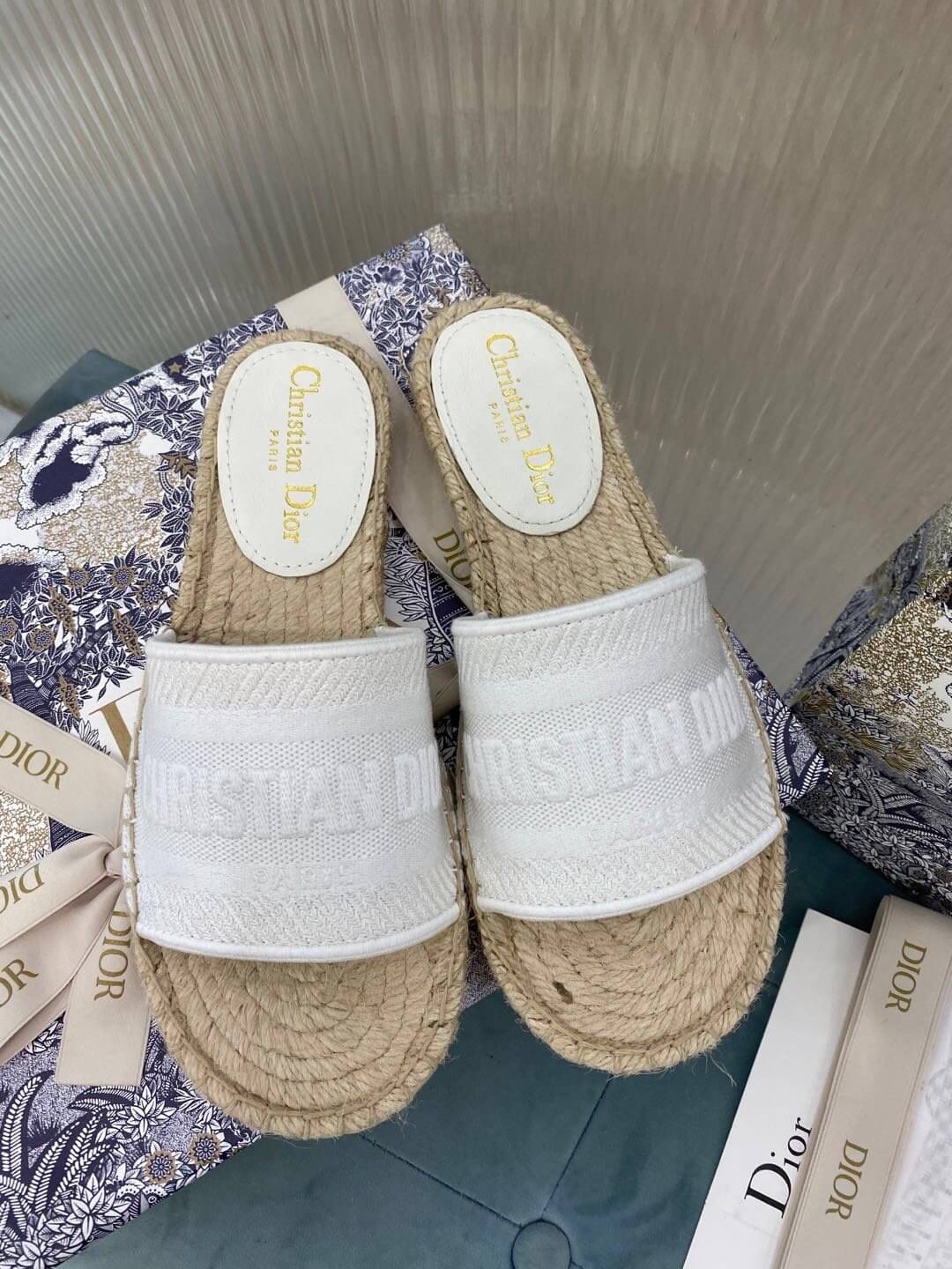 Christian Dior Canvas Embroidered Granville Espadrille Flat Slide Sandals Grey