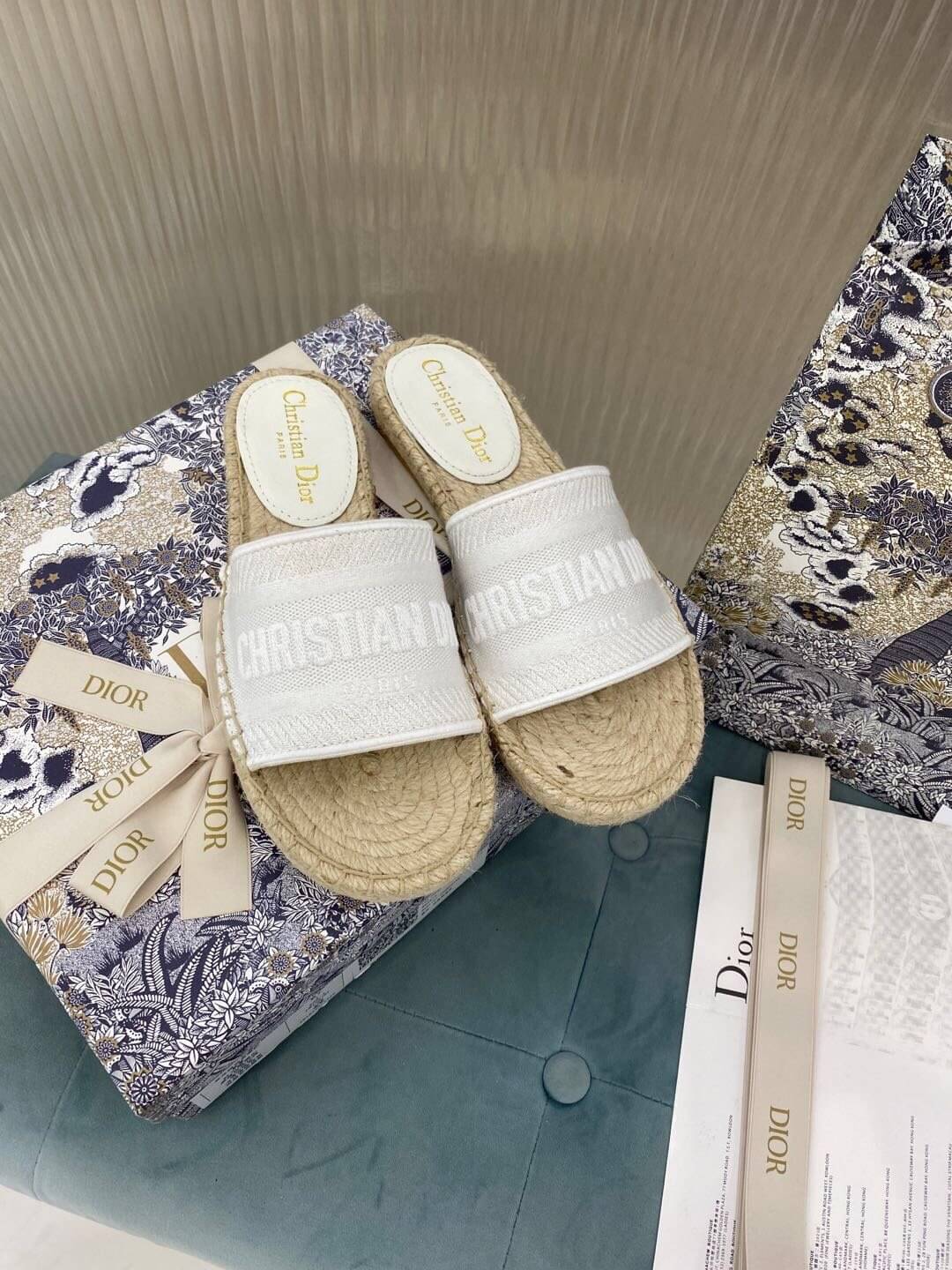 Christian Dior Canvas Embroidered Granville Espadrille Flat Slide Sandals Grey