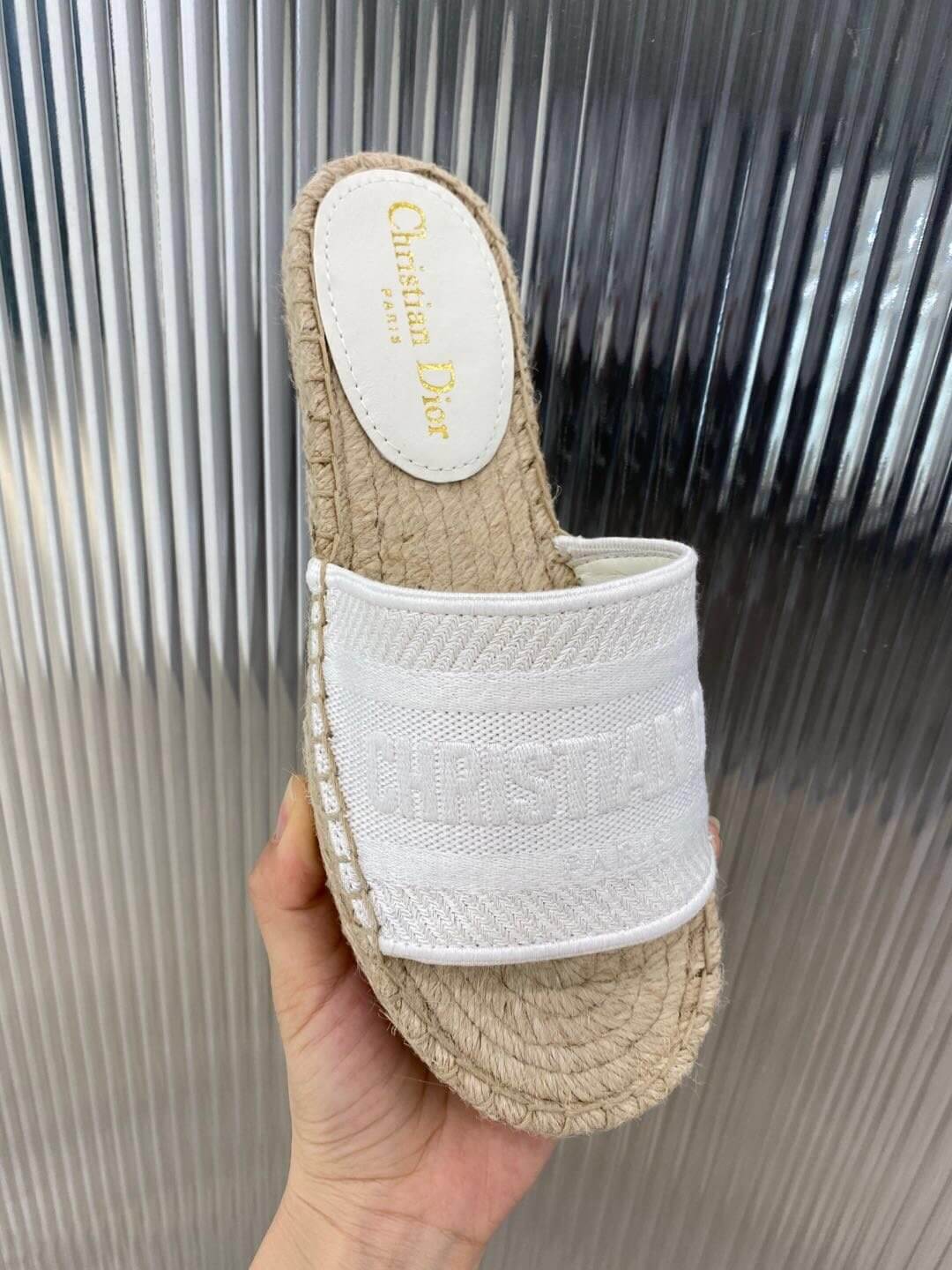 Christian Dior Canvas Embroidered Granville Espadrille Flat Slide Sandals Grey