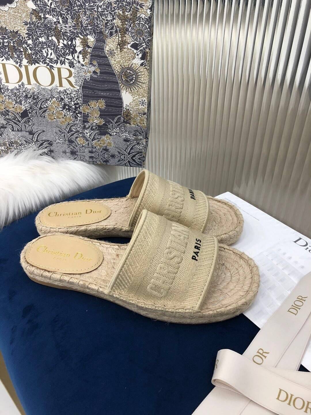 Christian Dior Canvas Embroidered Granville Espadrille Flat Slide Sandals Ivory