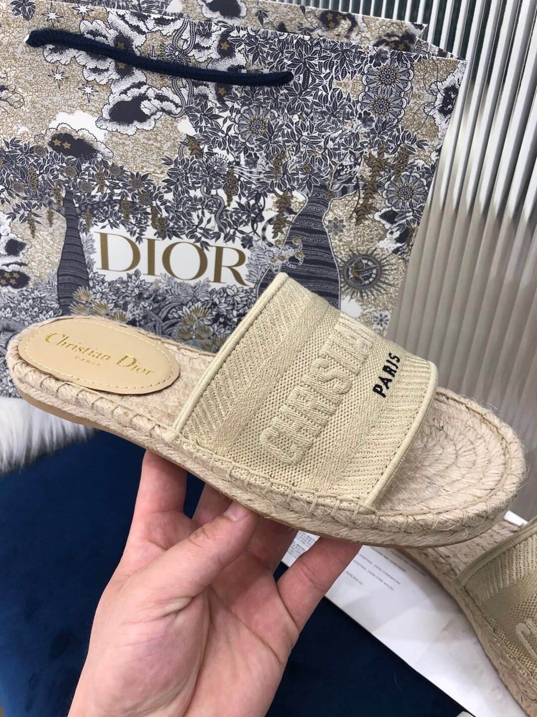 Christian Dior Canvas Embroidered Granville Espadrille Flat Slide Sandals Ivory