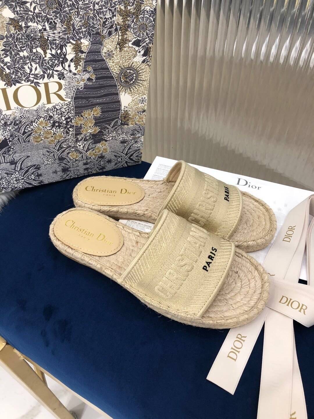 Christian Dior Canvas Embroidered Granville Espadrille Flat Slide Sandals Ivory