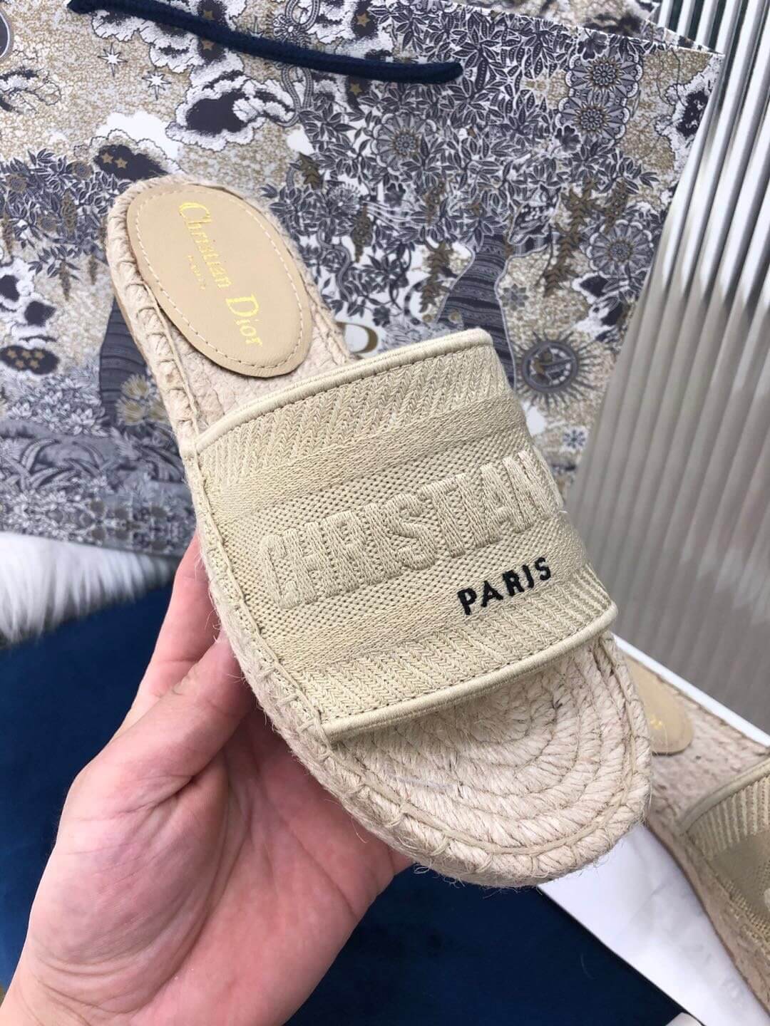 Christian Dior Canvas Embroidered Granville Espadrille Flat Slide Sandals Ivory