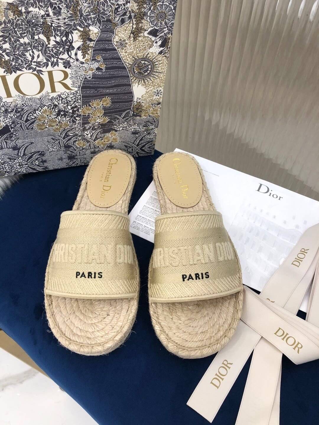Christian Dior Canvas Embroidered Granville Espadrille Flat Slide Sandals Ivory