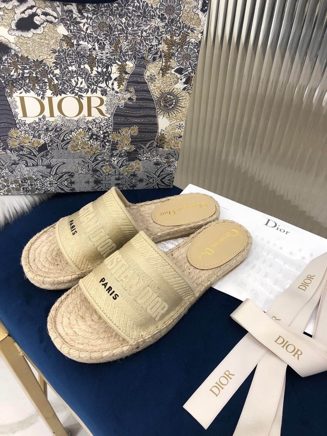 Christian Dior Canvas Embroidered Granville Espadrille Flat Slide Sandals Ivory