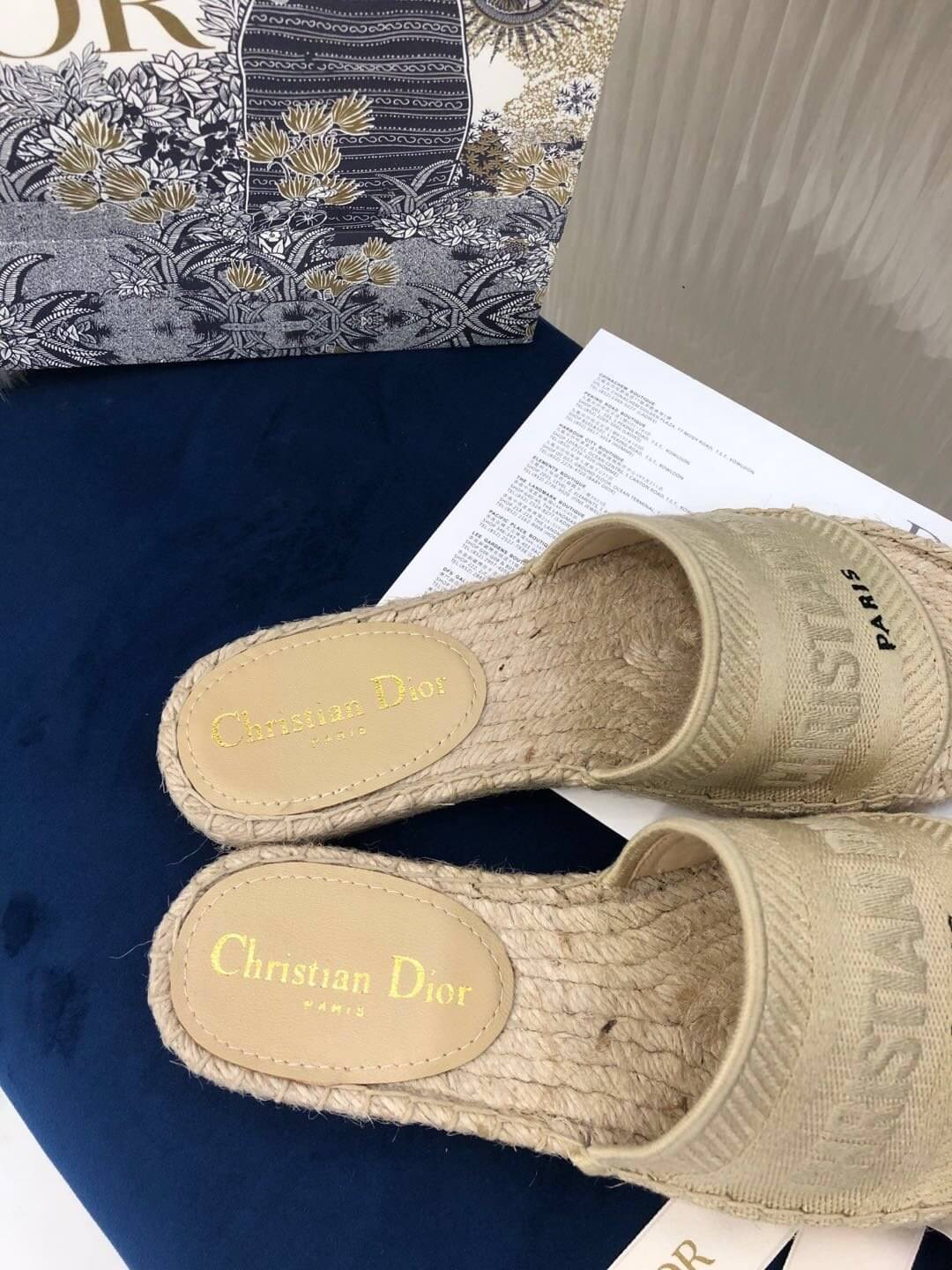 Christian Dior Canvas Embroidered Granville Espadrille Flat Slide Sandals Ivory
