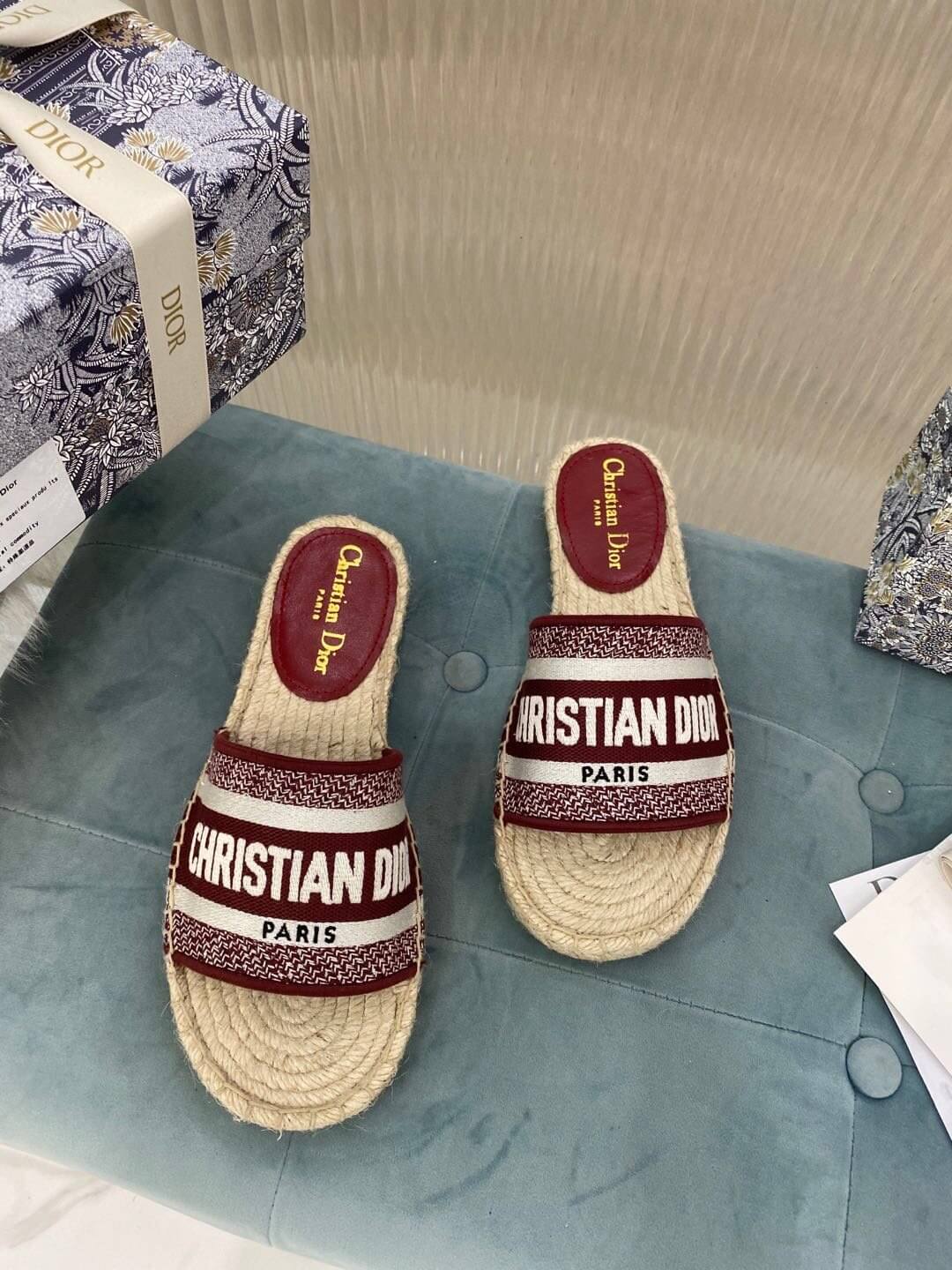 Christian Dior Canvas Embroidered Granville Espadrille Flat Slide Sandals Red