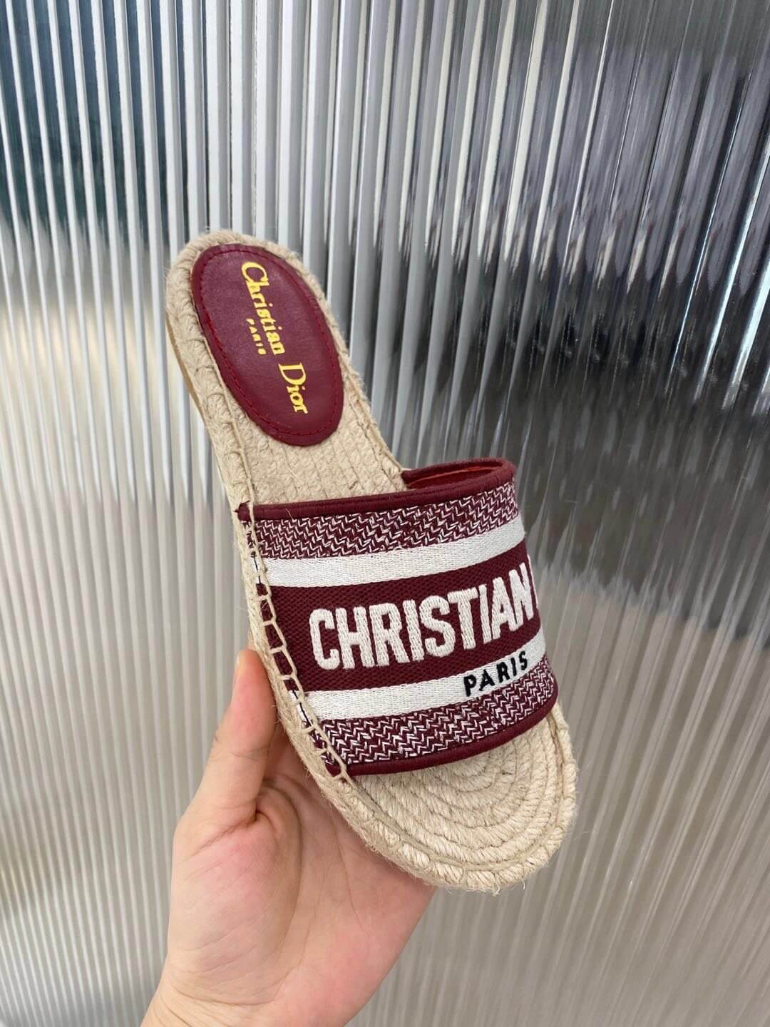 Christian Dior Canvas Embroidered Granville Espadrille Flat Slide Sandals Red