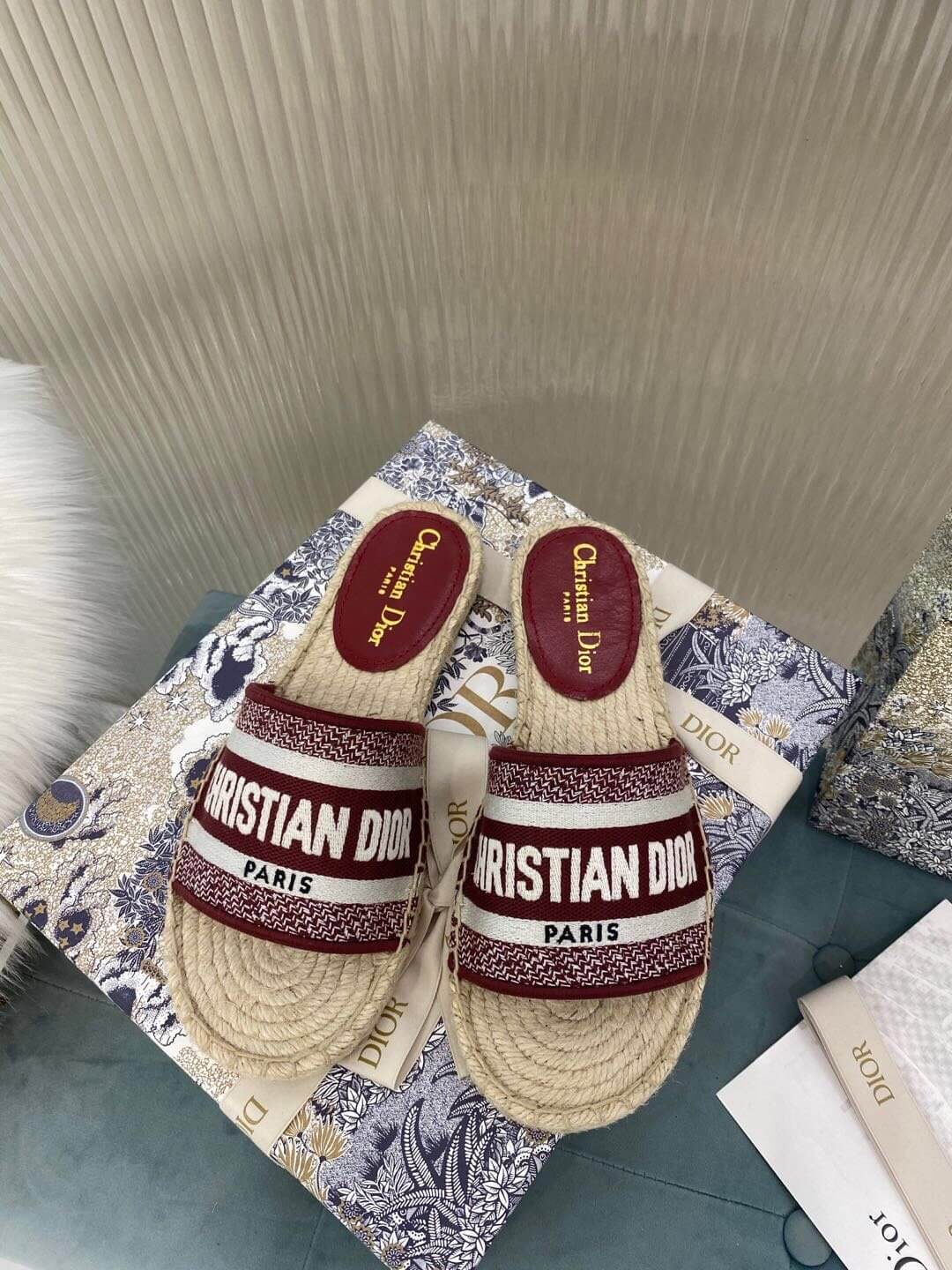 Christian Dior Canvas Embroidered Granville Espadrille Flat Slide Sandals Red