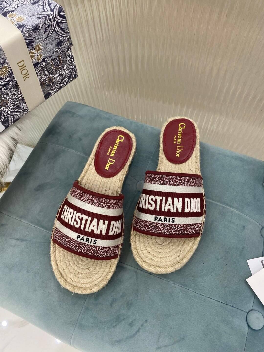 Christian Dior Canvas Embroidered Granville Espadrille Flat Slide Sandals Red