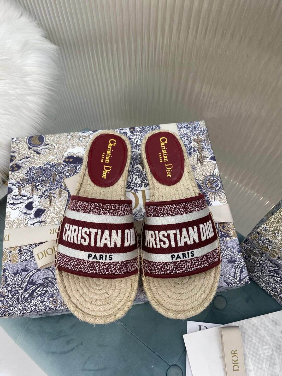 Christian Dior Canvas Embroidered Granville Espadrille Flat Slide Sandals Red