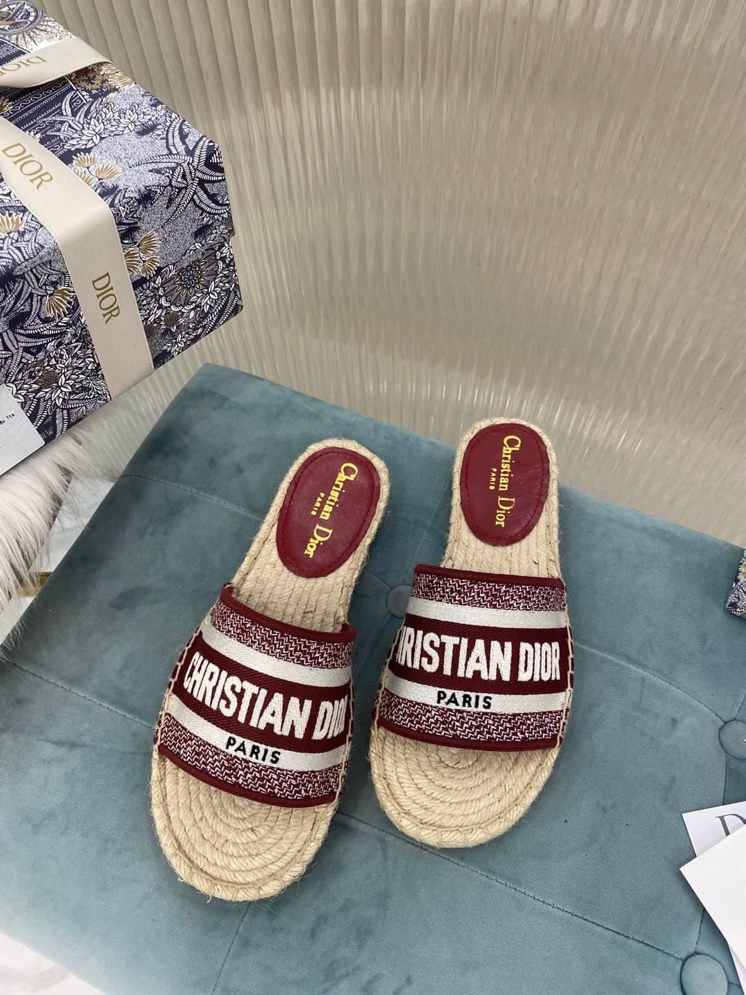 Christian Dior Canvas Embroidered Granville Espadrille Flat Slide Sandals Red