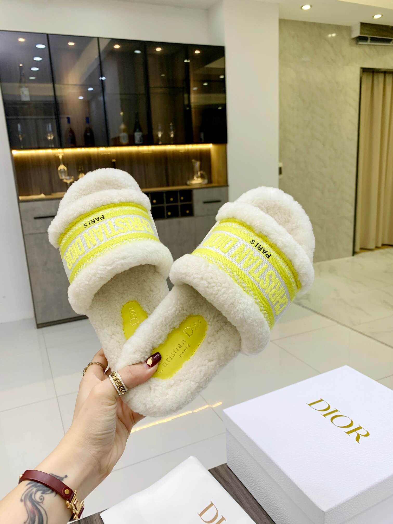 Christian Dior Dway Green White Shearling Fur Logo Chunky Slide
