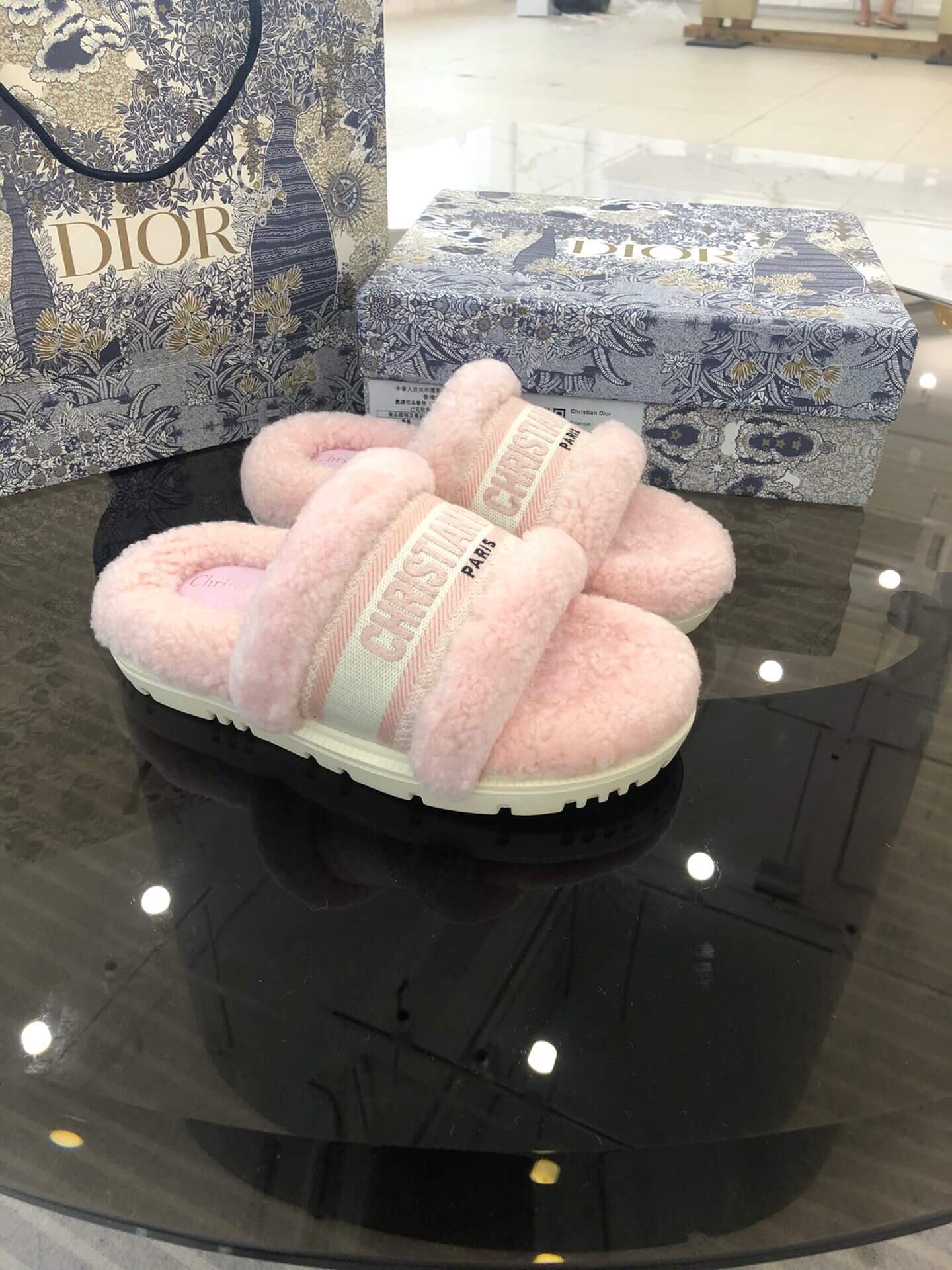Christian Dior Dway Pink Shearling Fur Logo Chunky Slide