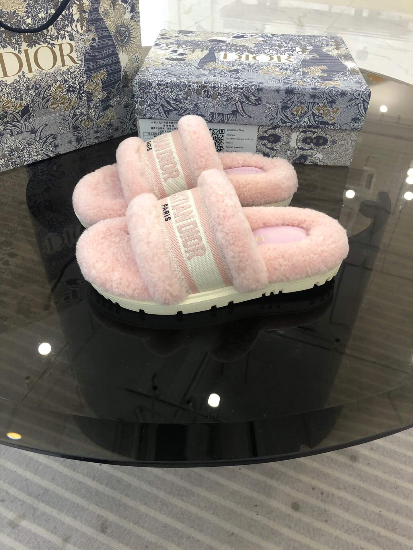 Christian Dior Dway Pink Shearling Fur Logo Chunky Slide