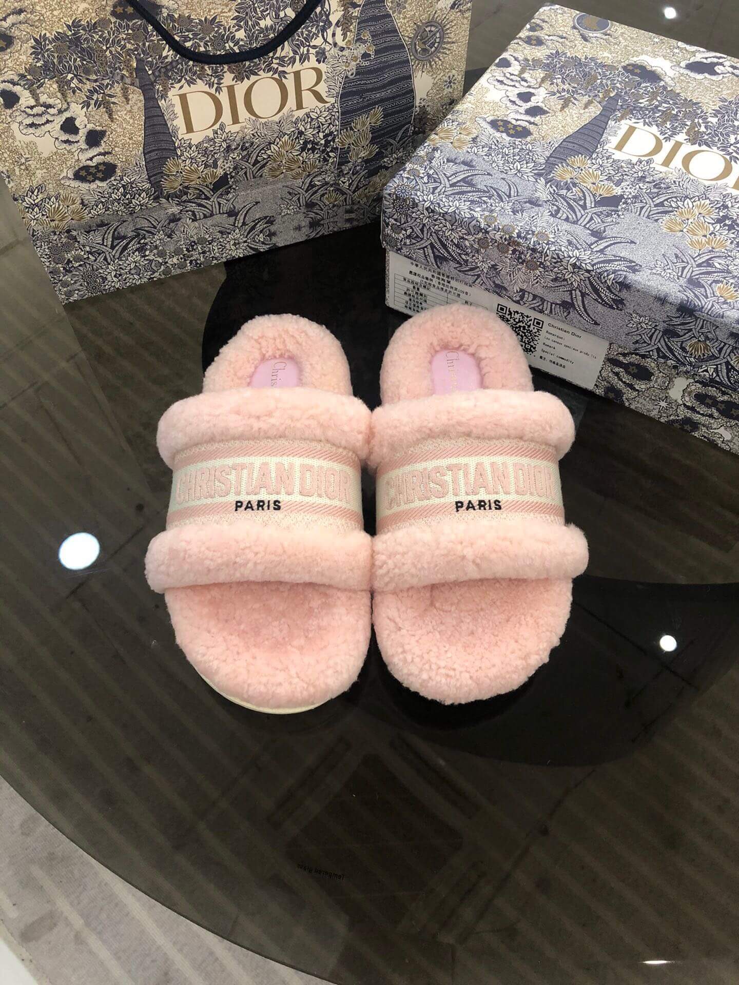 Christian Dior Dway Pink Shearling Fur Logo Chunky Slide