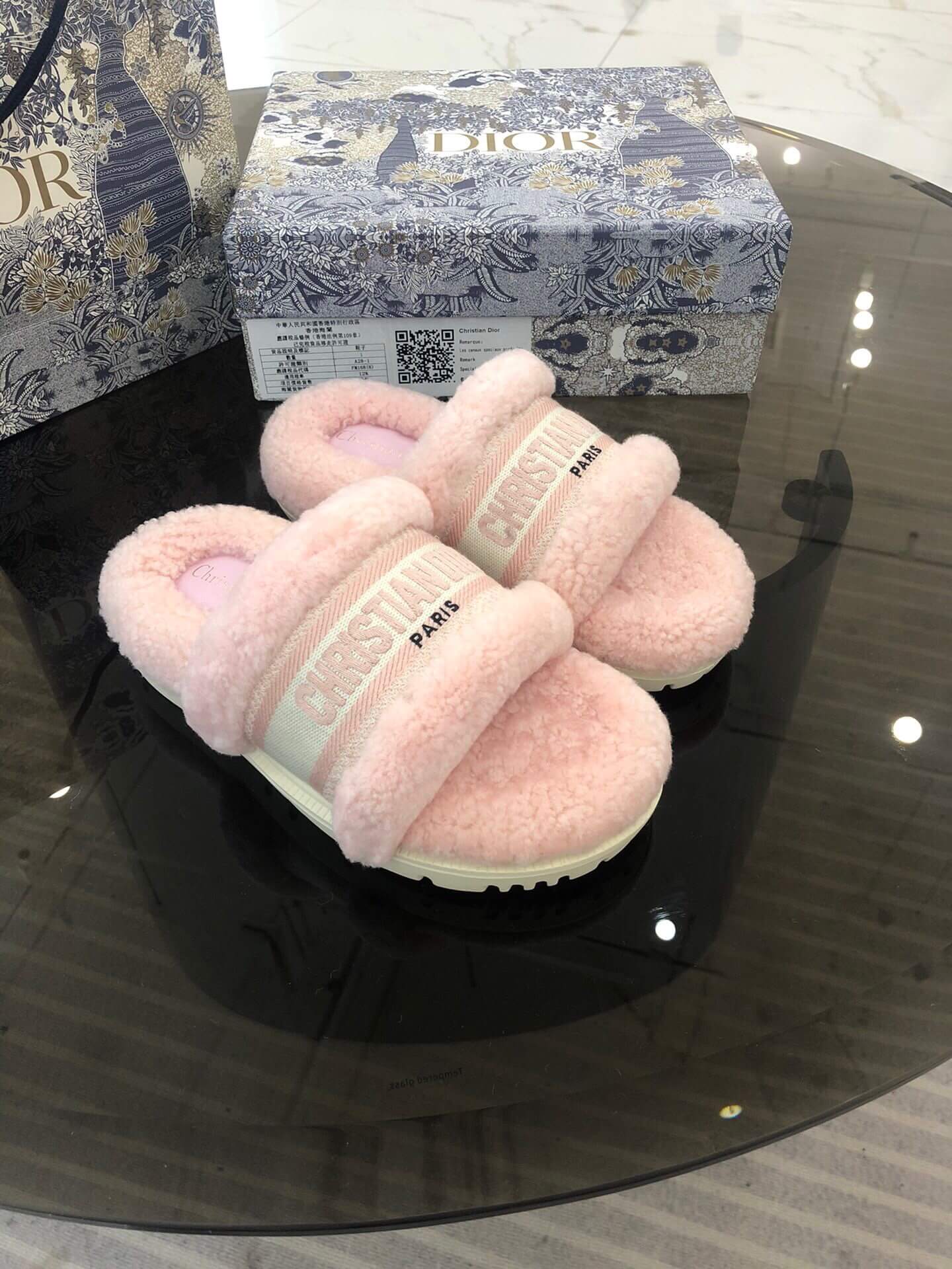Christian Dior Dway Pink Shearling Fur Logo Chunky Slide