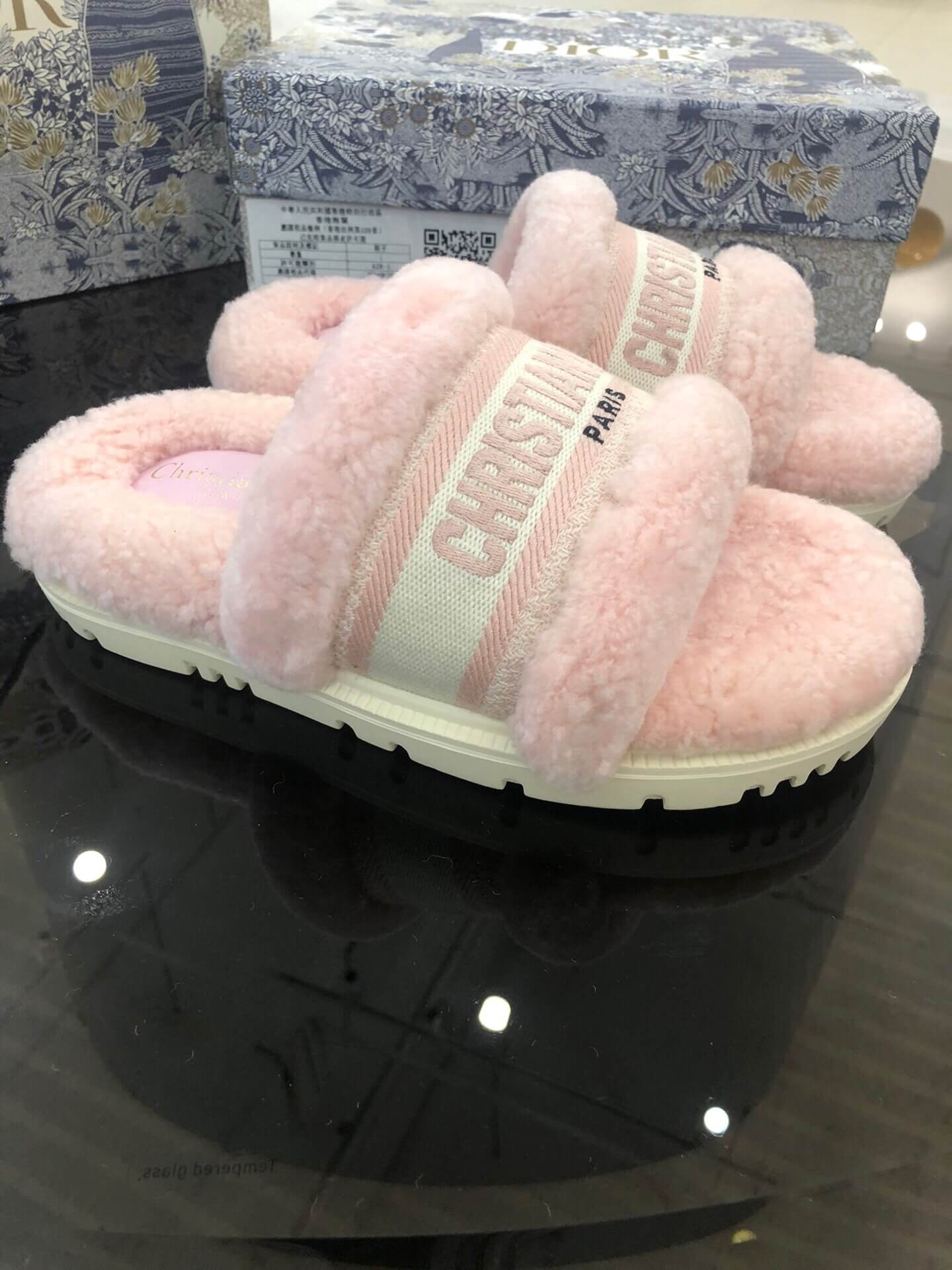 Christian Dior Dway Pink Shearling Fur Logo Chunky Slide