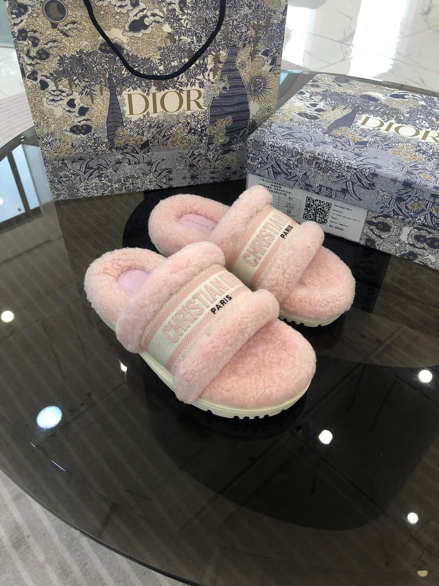 Christian Dior Dway Pink Shearling Fur Logo Chunky Slide
