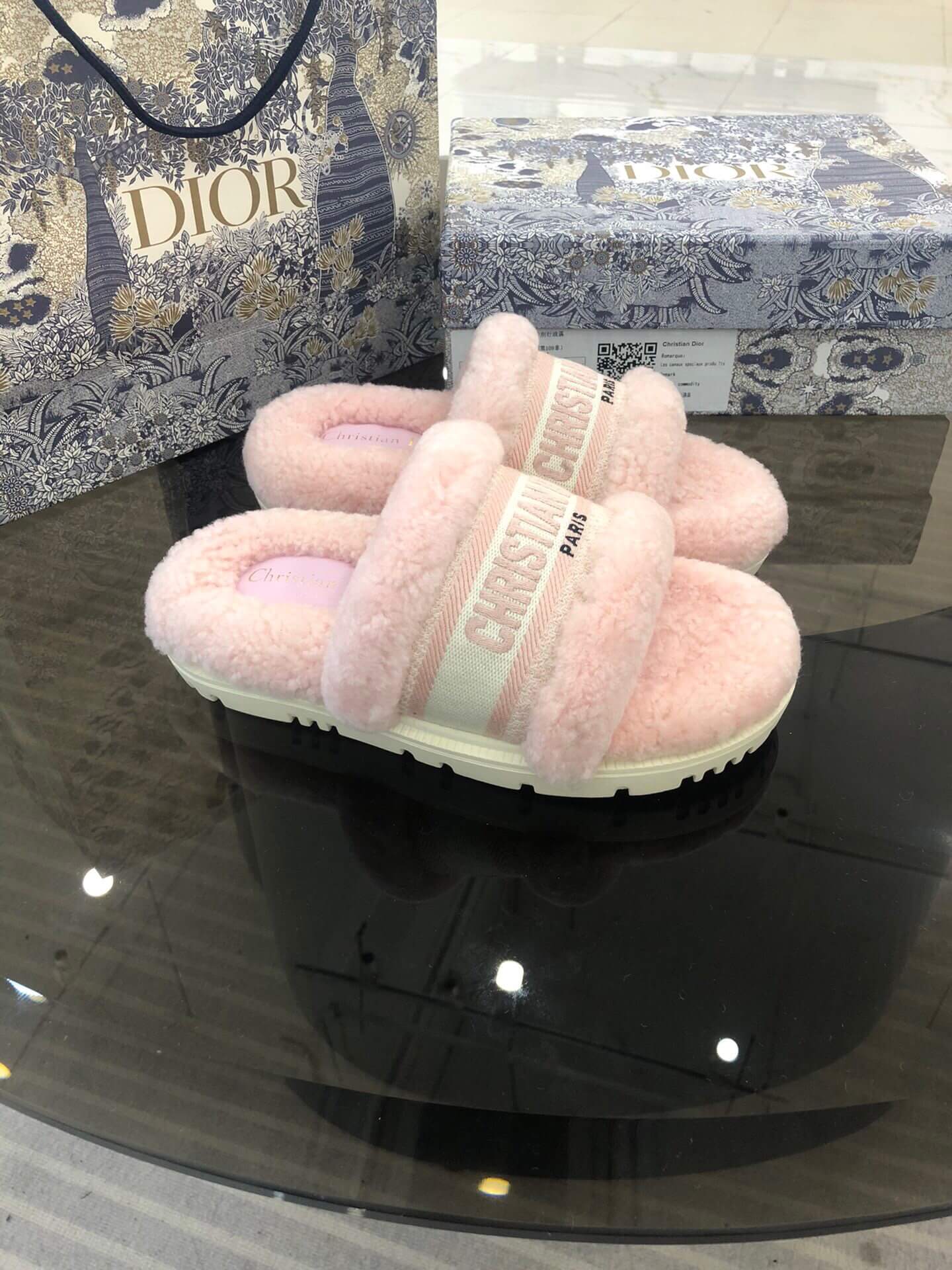 Christian Dior Dway Pink Shearling Fur Logo Chunky Slide