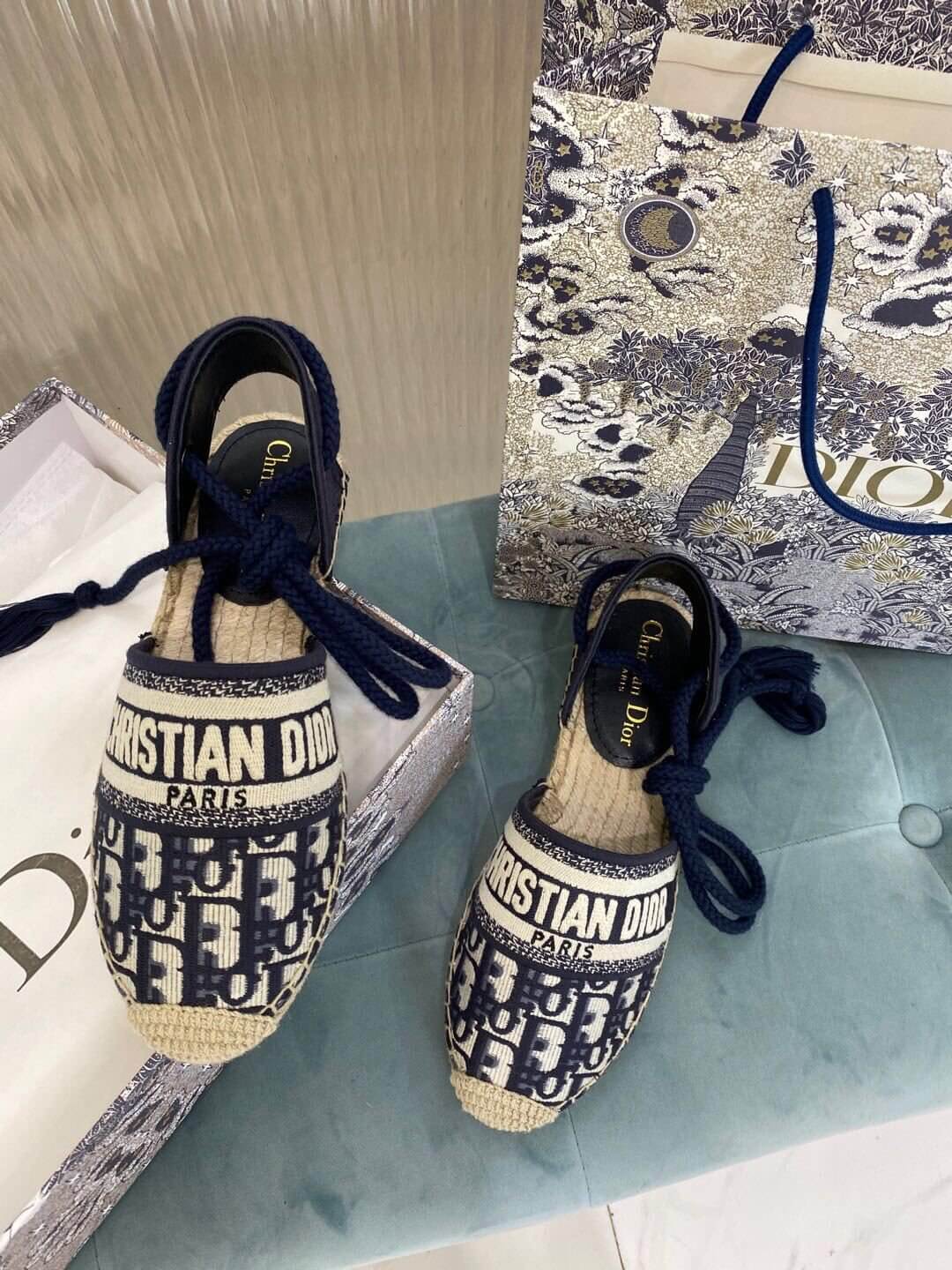 Christian Dior Granville Espadrille Sandal Svart med Beige Dior-tryck