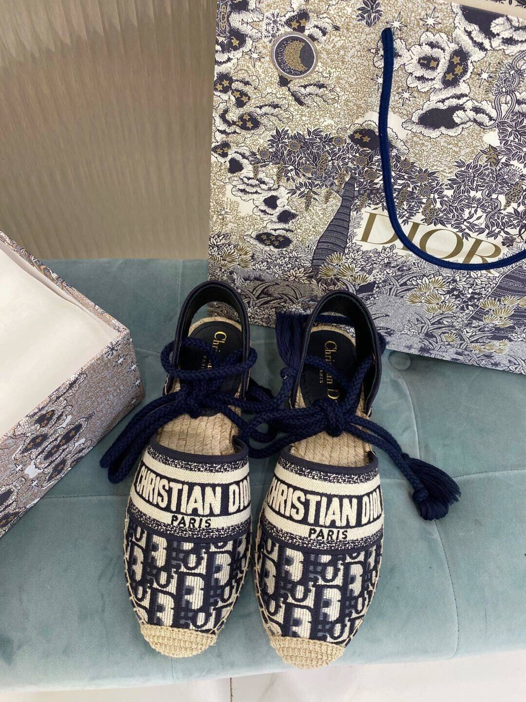 Christian Dior Granville Espadrille Sandal Svart med Beige Dior-tryck