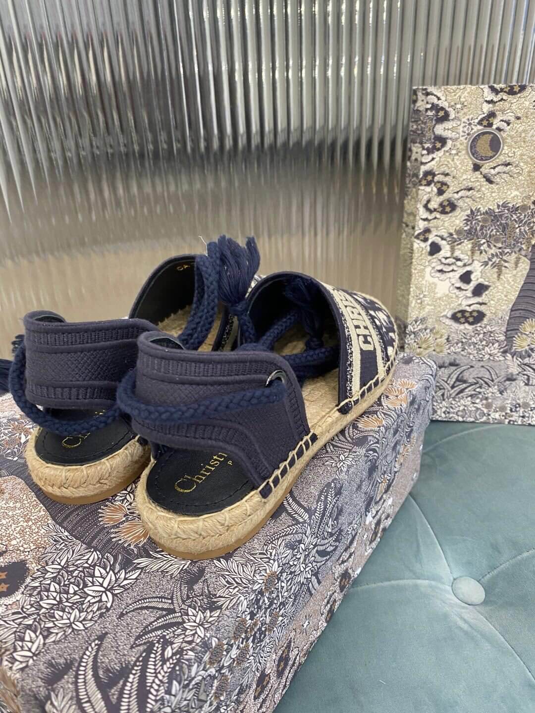 Christian Dior Granville Espadrille Sandal Svart med Beige Dior-tryck