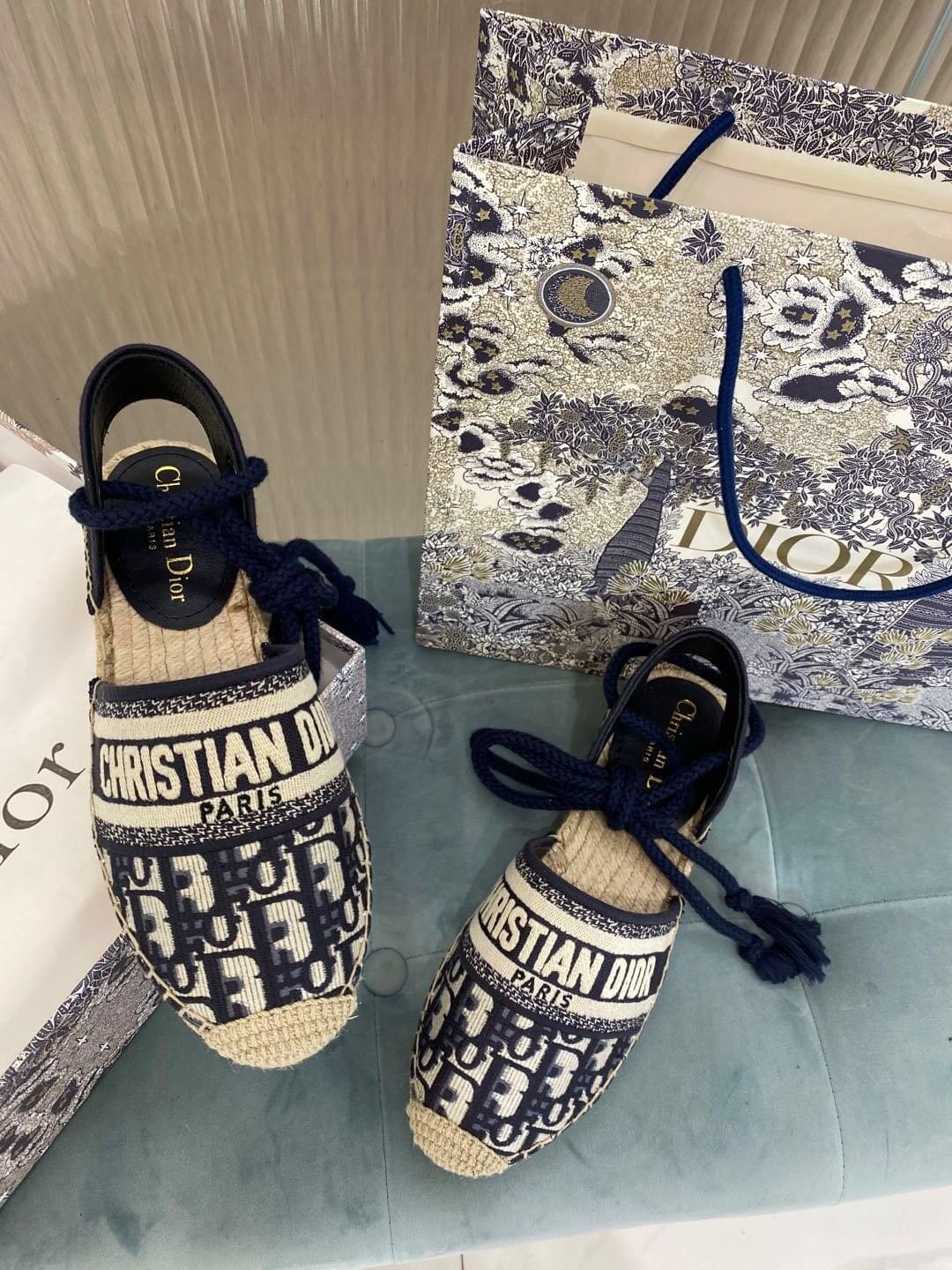 Christian Dior Granville Espadrille Sandal Svart med Beige Dior-tryck