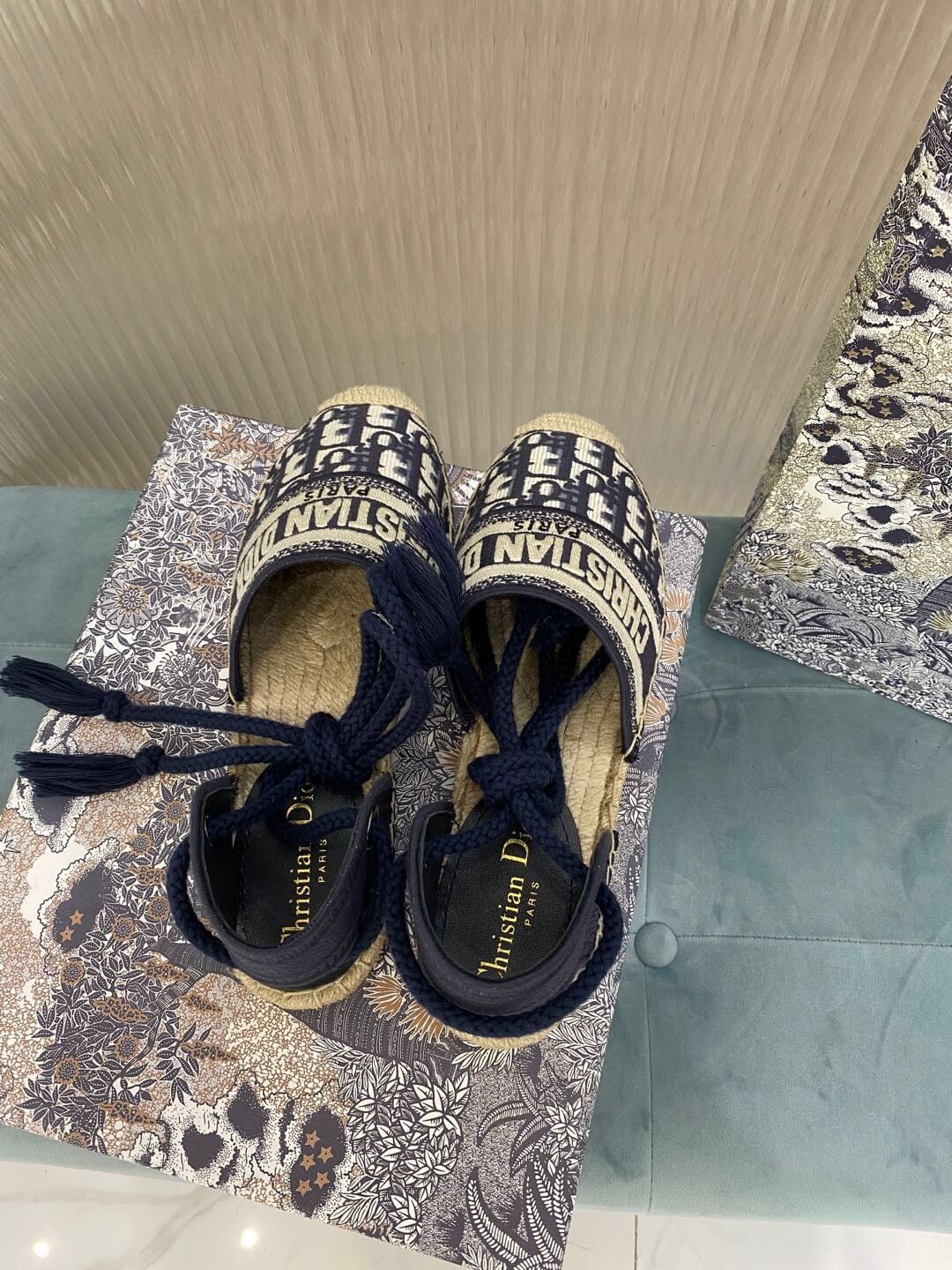 Christian Dior Granville Espadrille Sandal Svart med Beige Dior-tryck