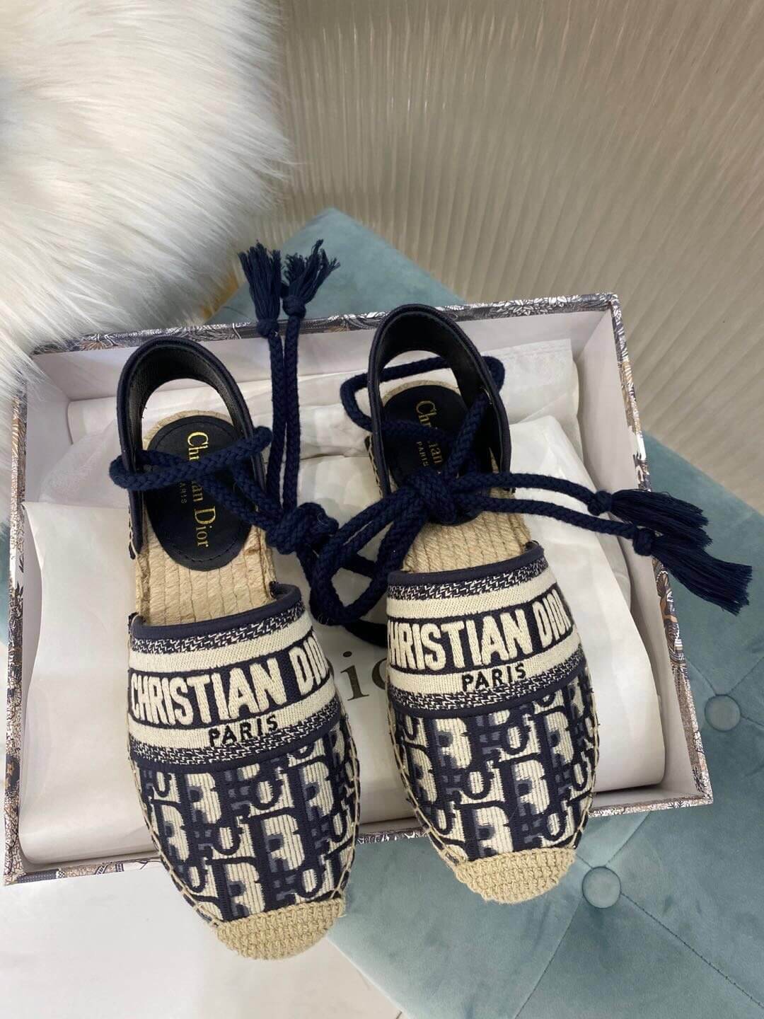 Christian Dior Granville Espadrille Sandal Svart med Beige Dior-tryck