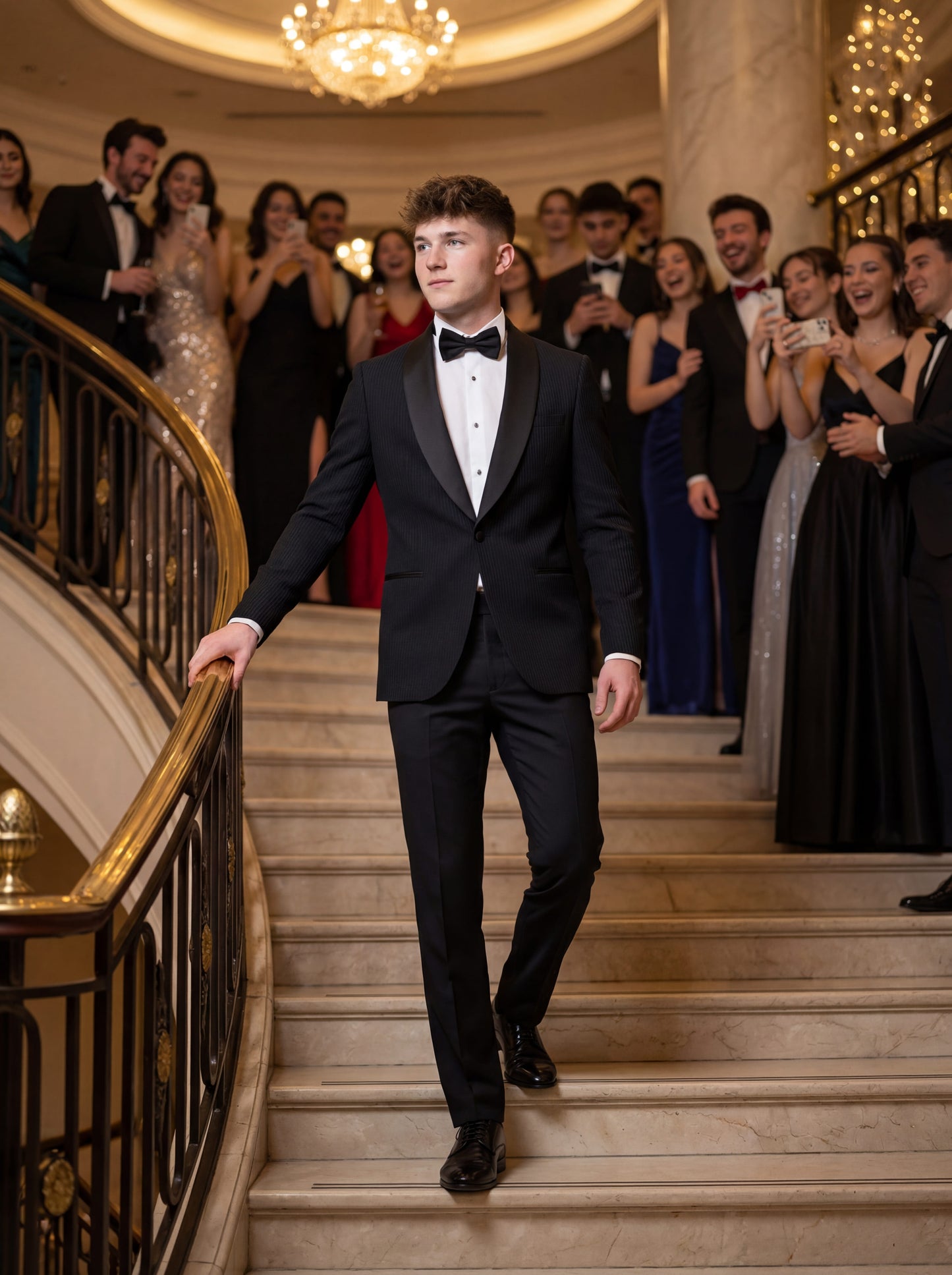 Black prom tuxedo styled with bow tie and tailored trousers for prom night