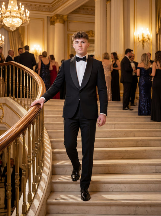 Black prom tuxedo styled with bow tie and tailored trousers for prom night