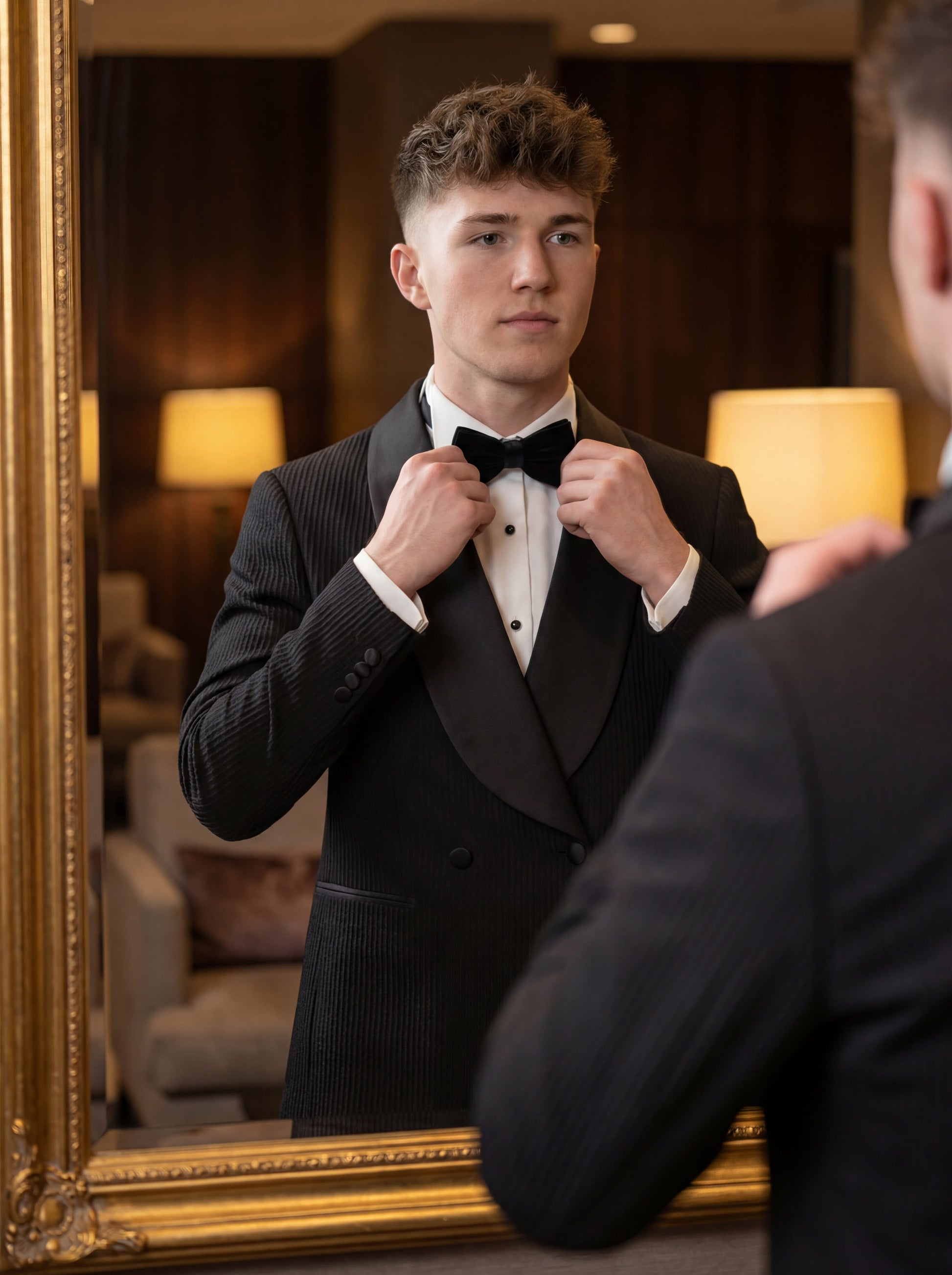 Black prom tuxedo styled with bow tie and tailored trousers for prom night