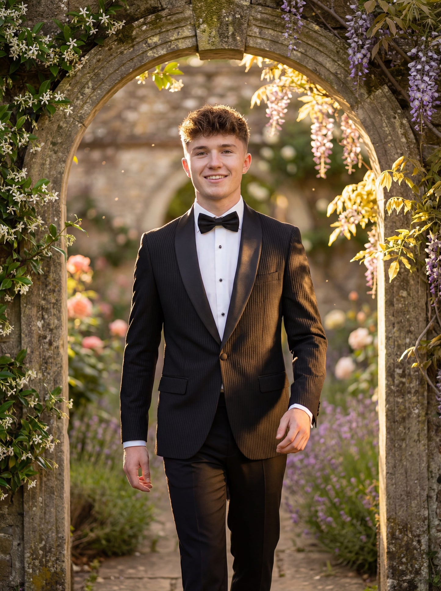 Black prom tuxedo styled with bow tie and tailored trousers for prom night