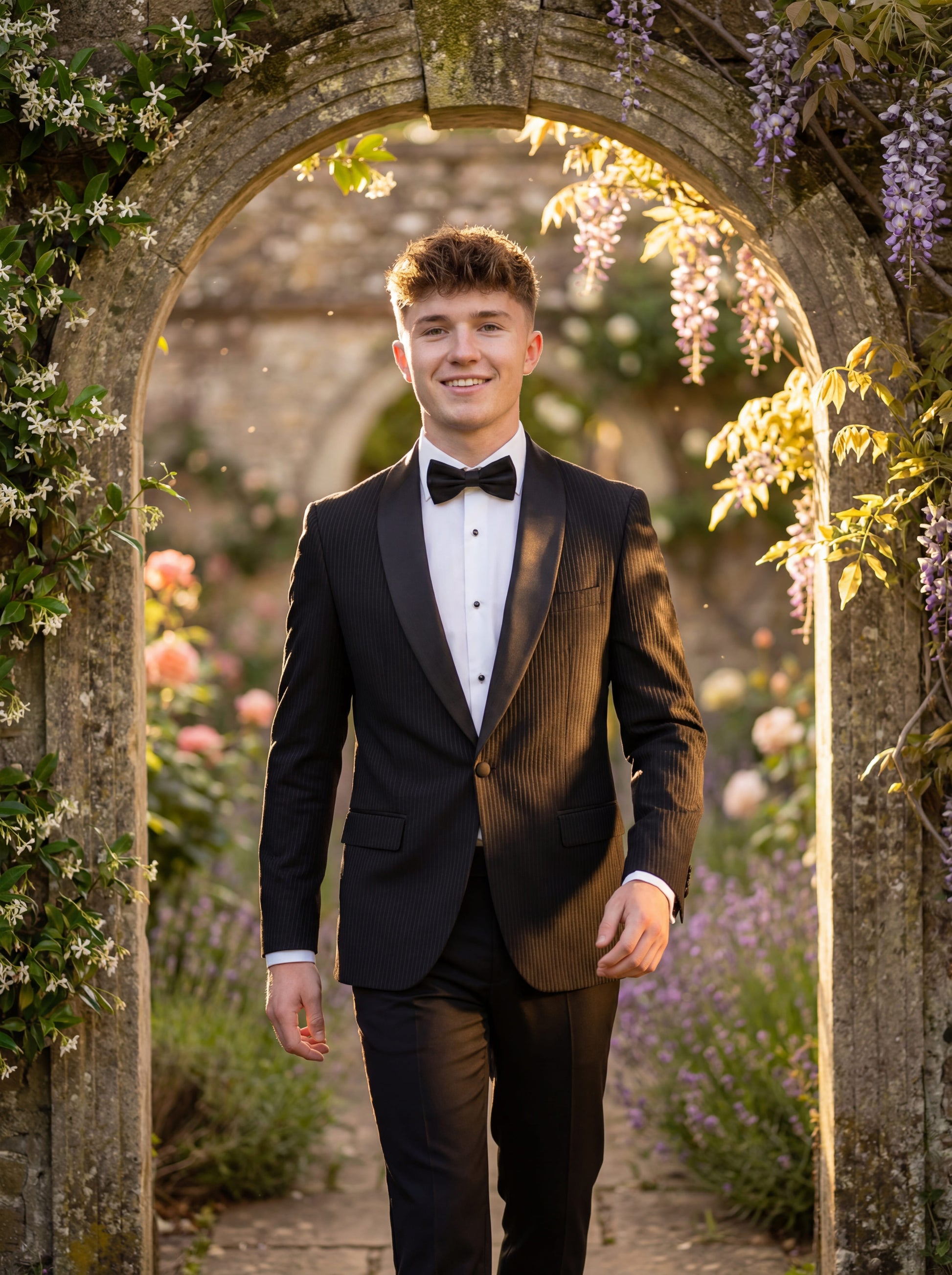 Black prom tuxedo styled with bow tie and tailored trousers for prom night
