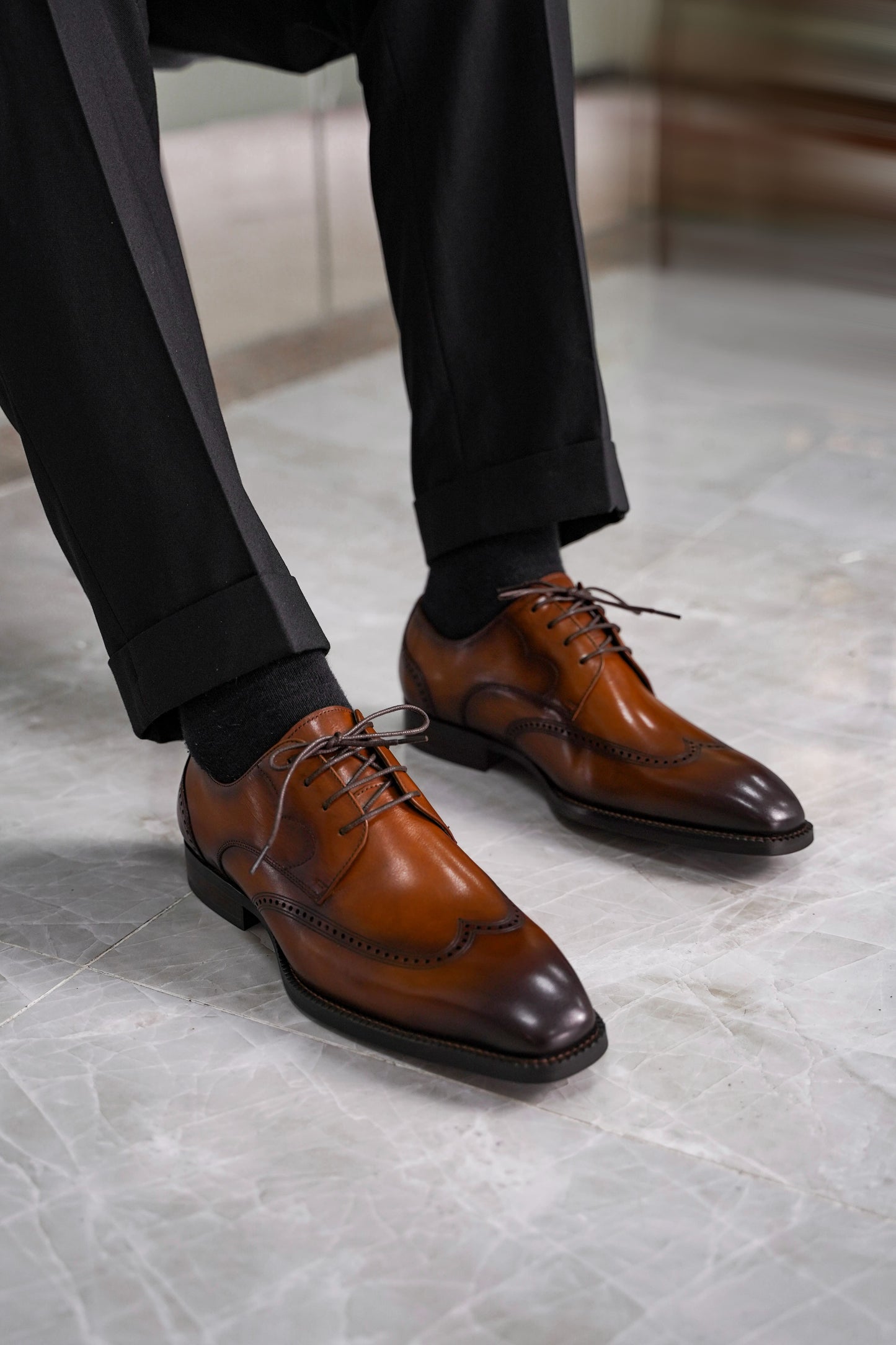 Cognac Classic Brogue Derby Premium Men's Leather Dress Shoes. HolloMen Cognac Classic Brogue Derby Premium Men's Leather Dress Shoes. HolloMen