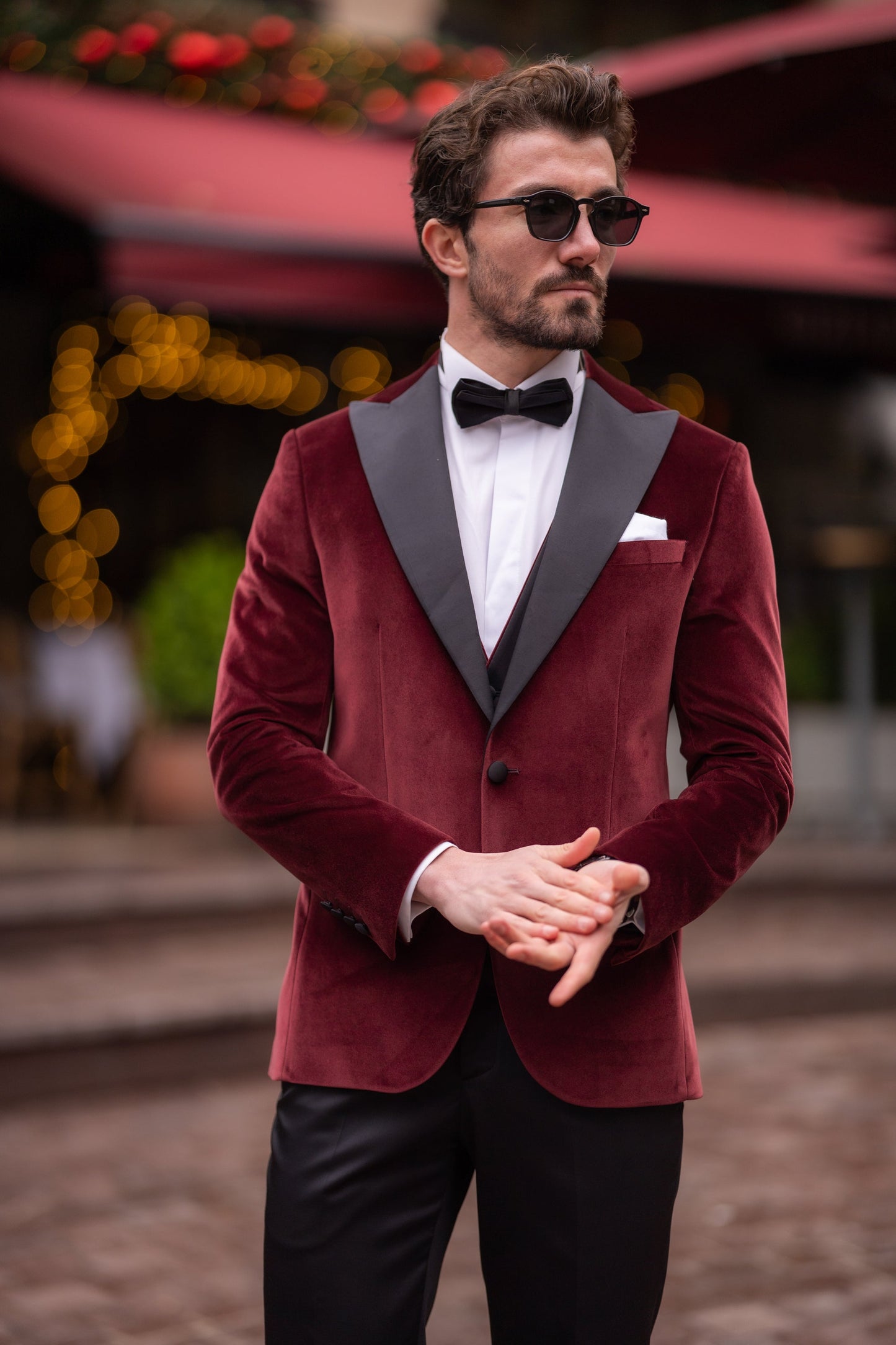 Men’s Bordeaux Velvet Peak Lapel 3-Piece Tuxedo.