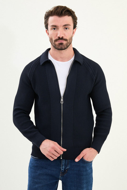 Men’s navy ribbed zip-up polo collar knitwear cardigan, slim fit with full front zipper.