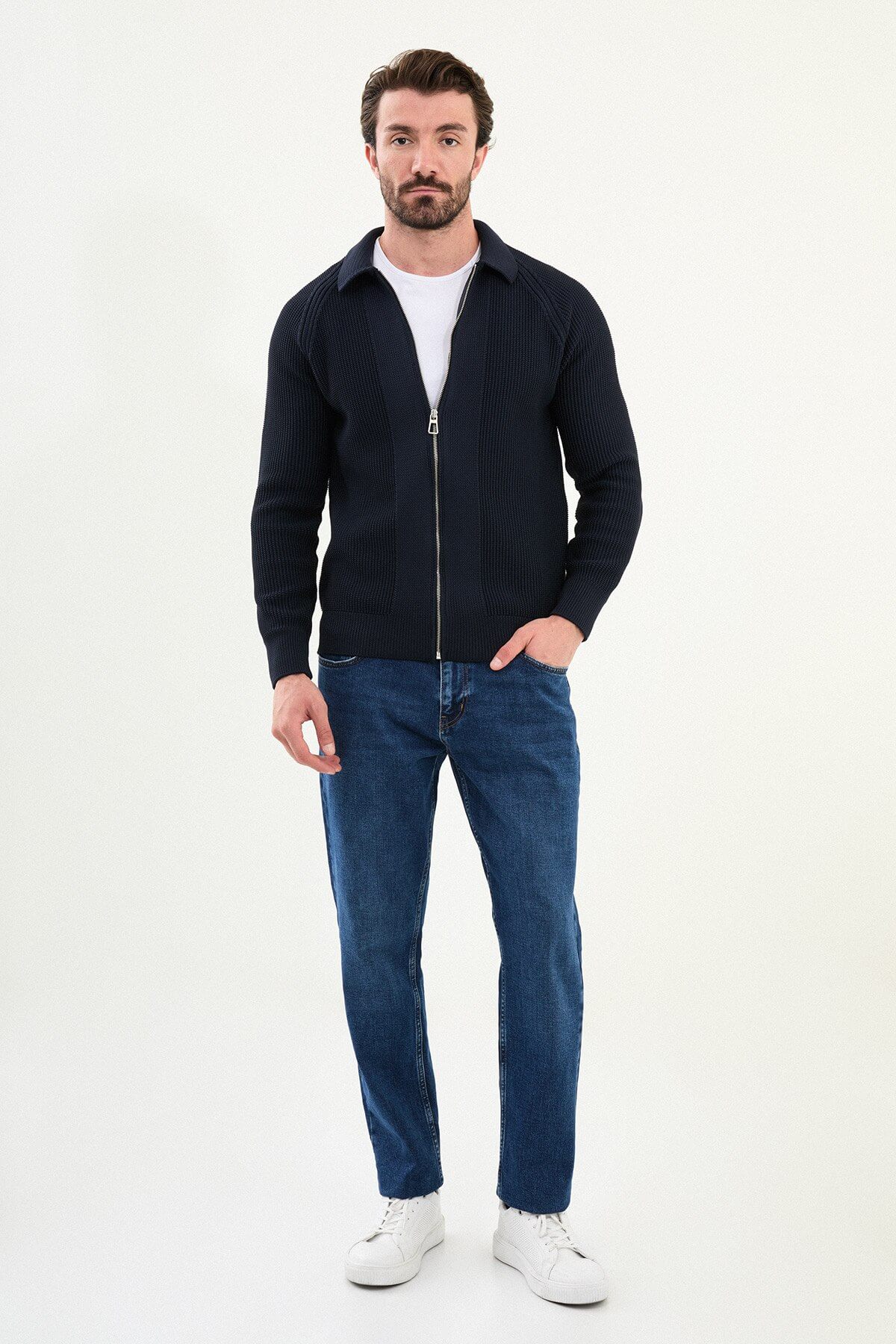 Men’s navy ribbed zip-up polo collar knitwear cardigan, slim fit with full front zipper.