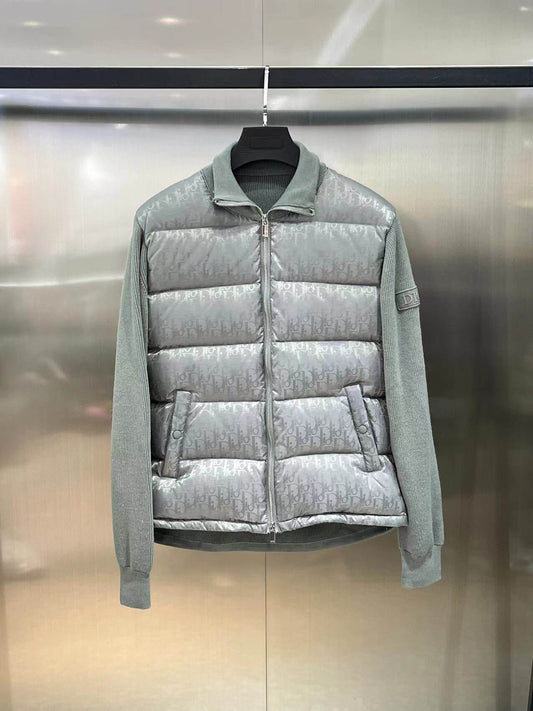 Dior Oblique Bi-Material Down Jacket – Grey Knit Sleeve Puffer