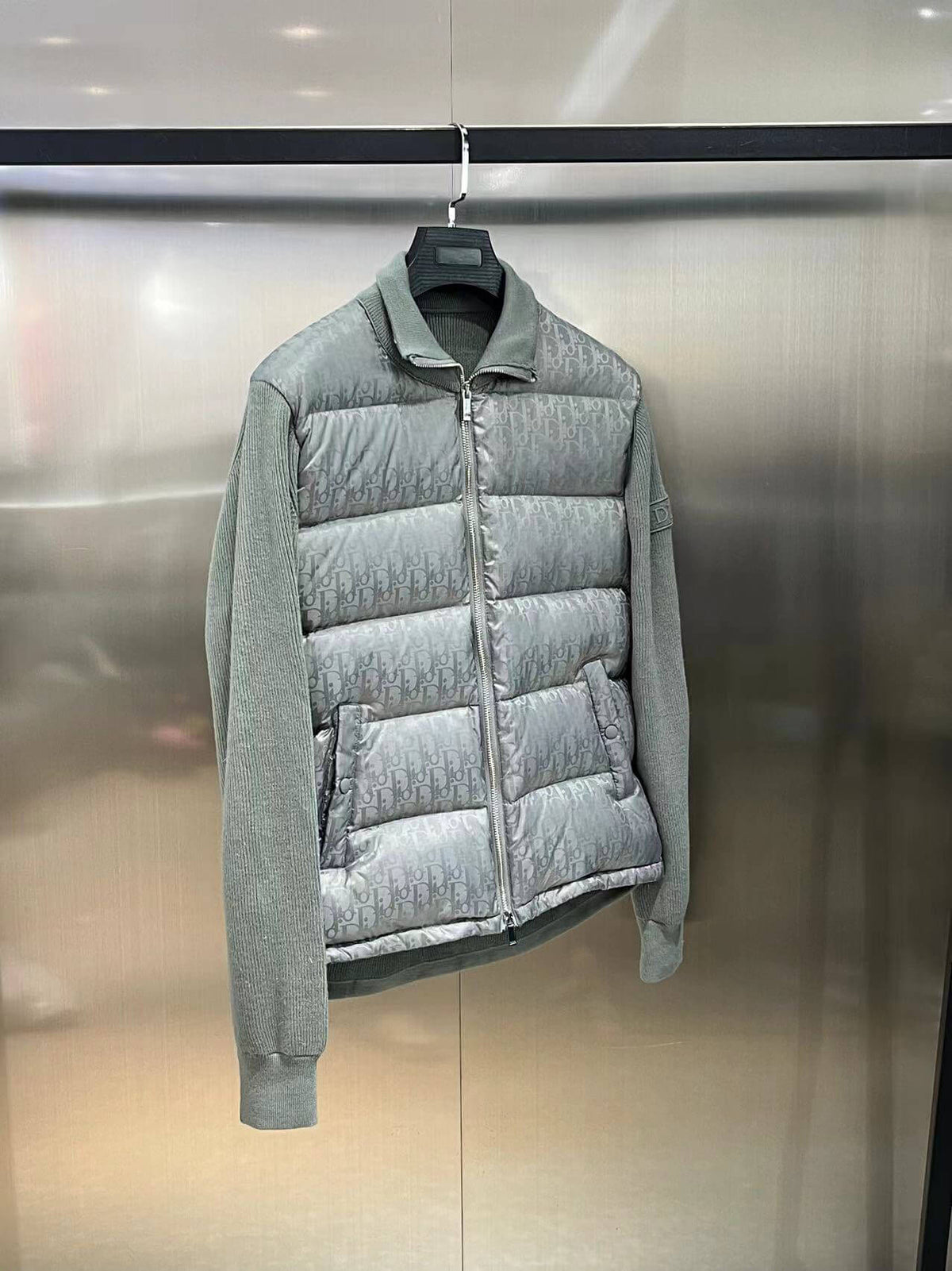Dior Oblique Bi-Material Down Jacket – Grey Knit Sleeve Puffer