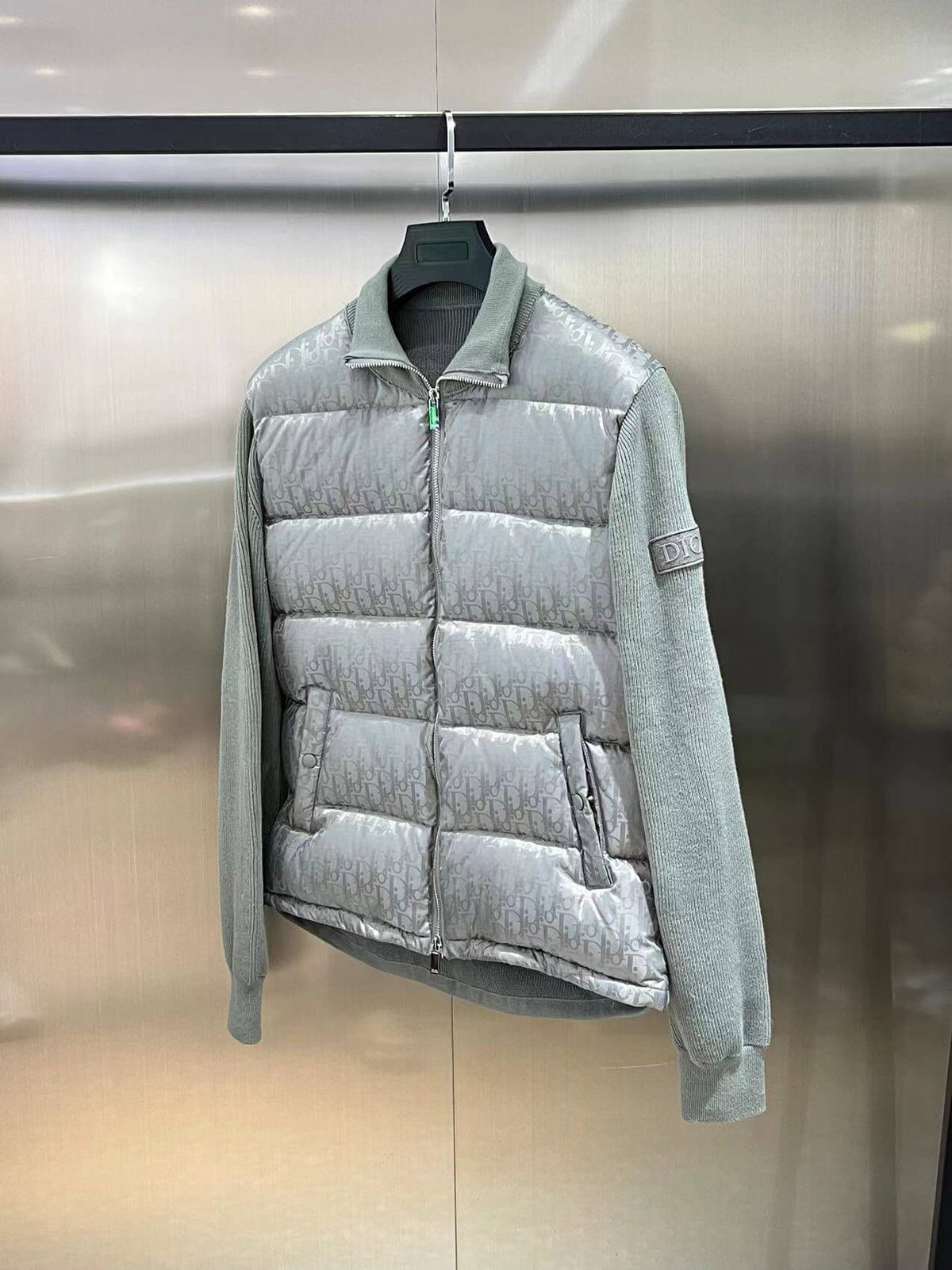 Dior Oblique Bi-Material Down Jacket – Grey Knit Sleeve Puffer