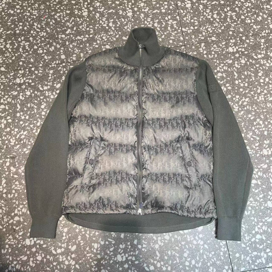 Dior Oblique Bi-Material Down Jacket – Grey Knit Sleeve Puffer