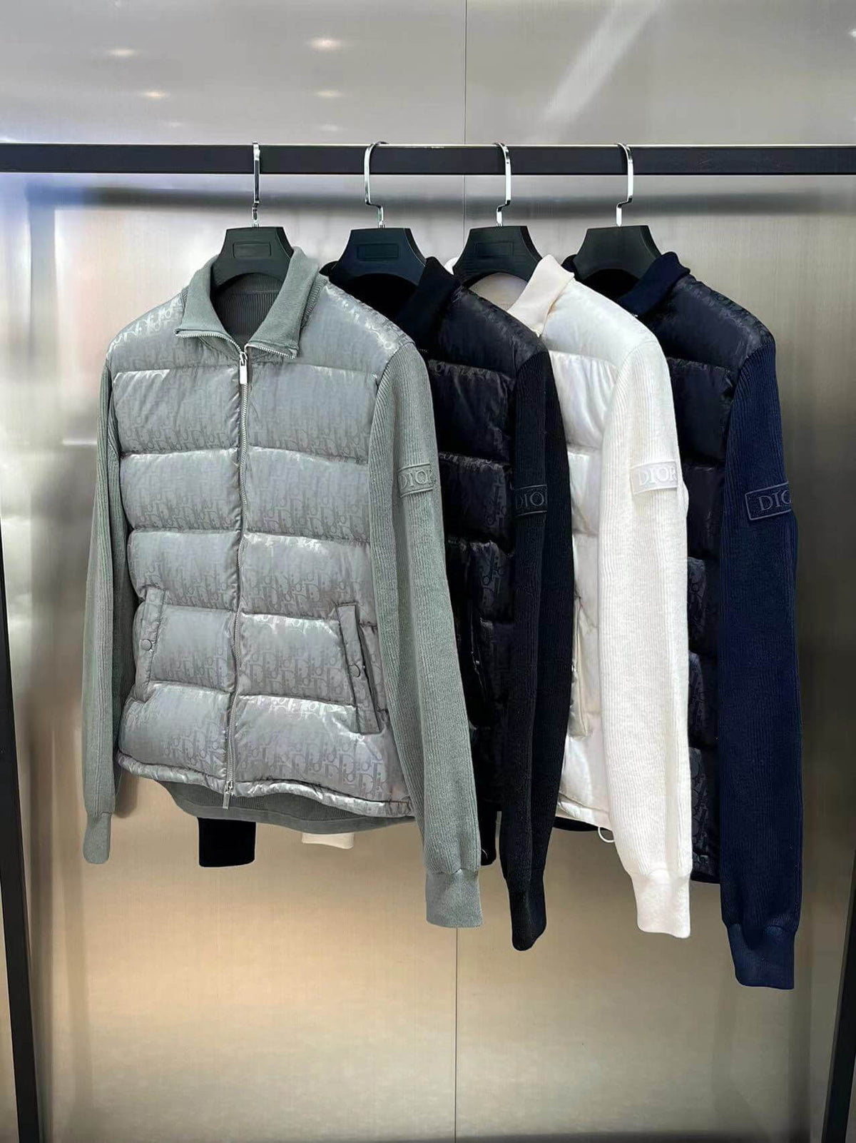 Dior Oblique Bi-Material Down Jacket – Grey Knit Sleeve Puffer